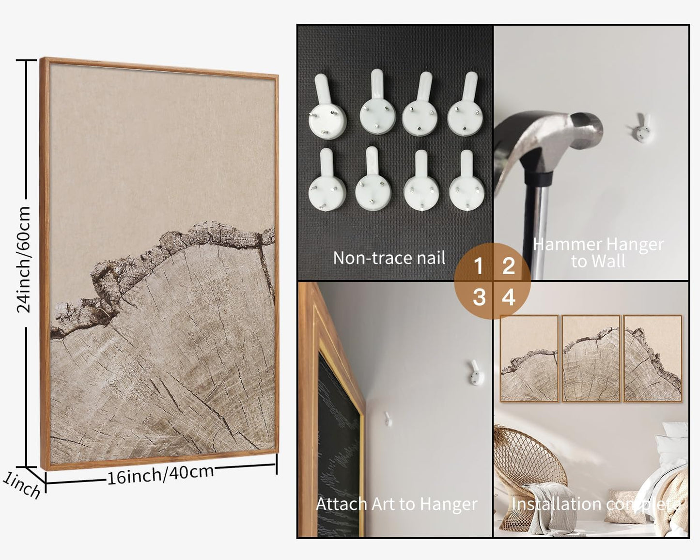 SIGNINART Large Tree Ring Framed Canvas Wall Art Set, Rustic Beige Nature Wooden Wall Decor, Neutral Wood Stump Artwork, Modern Art Prints for Bedroom Living Room Office 16"x24"x3