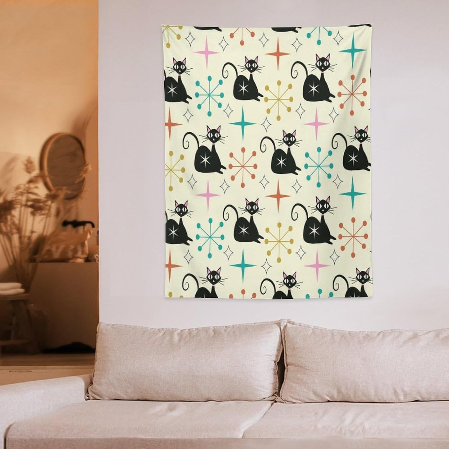 ICMOLYYENLO Abstract Cat Tapestry, Medieval Abstract Atomic Star Cat Vintage Home Wall Hanging Art Tapestry for Bedroom Living Room Dormitory 60x60 Inch