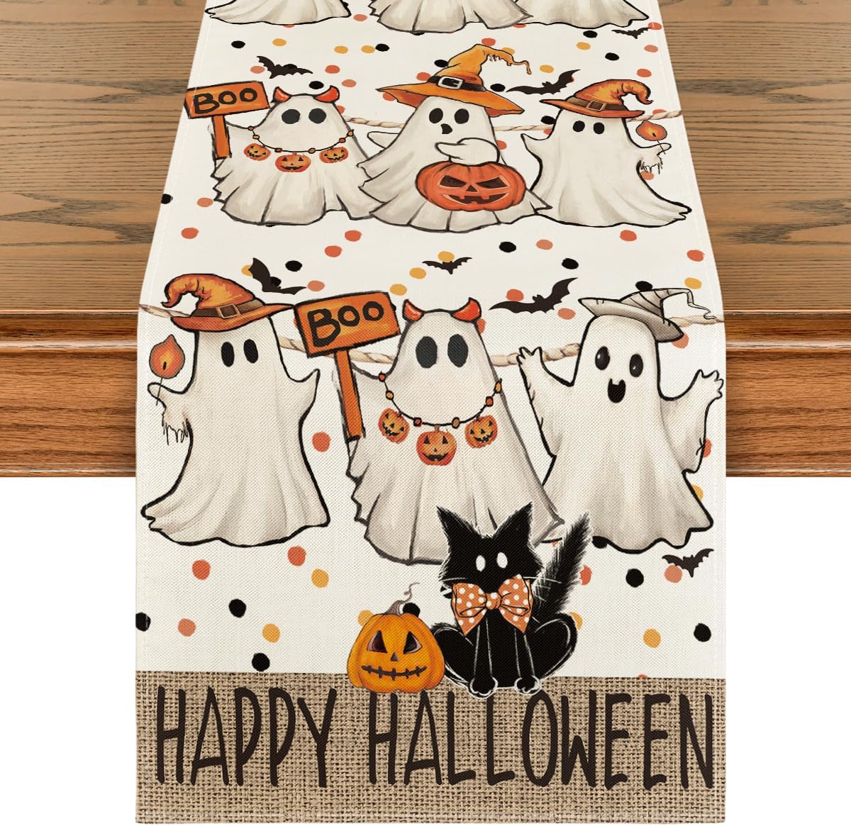 Artoid Mode Beige Ghost Jack-O'-Lantern Black Cat Halloween Table Runner,Holiday Kitchen Dining Table Decoration for Home Party Decor 13 x 60 Inch