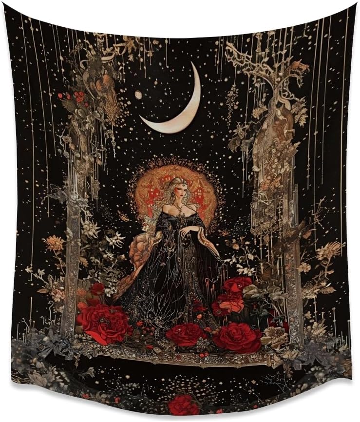 Dark Academia Moon Goddess Tapestry Gothic Fantasy Rose Wall Art Mystical Witchy Woman Print Victorian Artwork Aesthetic Tapestries Wall Hanging for Girls Room Bedroom Decor 60x80inch