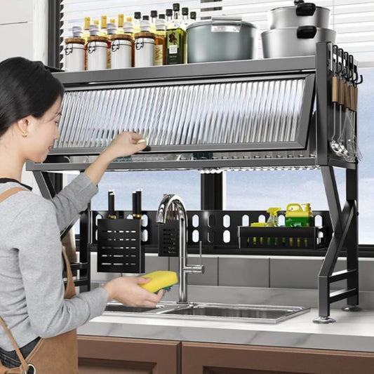 Kitchen sink rack dishwashing sink countertop dustproof cupboard storage multifunctional tableware storage drain rack double layer,KeepKitchen Sink Shlef Organized Space-Saving(Black,95cm/37.4in)