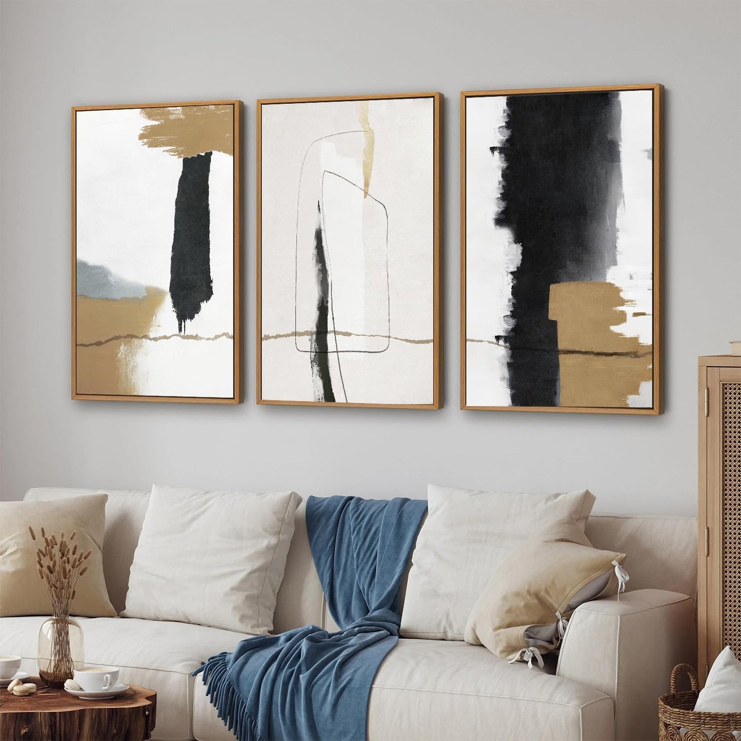 SIGNINART Black and White Abstract Framed Canvas Wall Art Set of 3, Beige Neutral Art Prints, Minimalist Modern Wall Decor for Living Room, Bedroom, Office,Above Couch 16"x24"x3