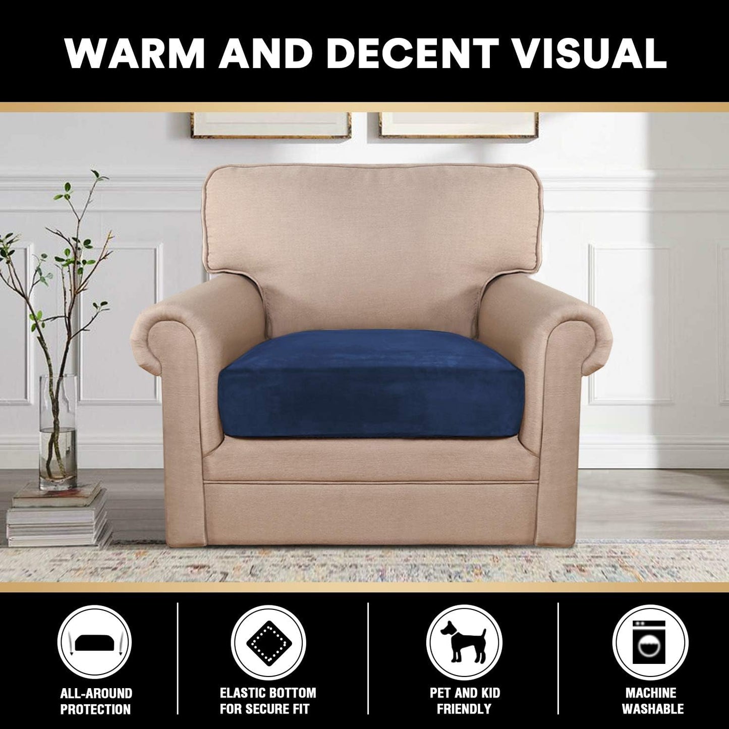 PrinceDeco Stretch Velvet Couch Cushion Cover,Soft Fitted Cushion Slipcover for Arm Chair Sofa Cushion Furniture Protector Seat Cushion Sofa Cover Width Up to 29.5", Navy