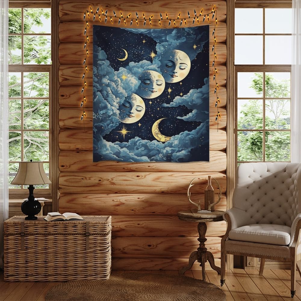 Blue Moon Faces Tapestry Celestial Wall Art Dark Academia Aesthetic Print Stars Clouds Tapestries Wall Hanging whimsical Gothic Home Decor for Bedroom Living Room 40x60inch