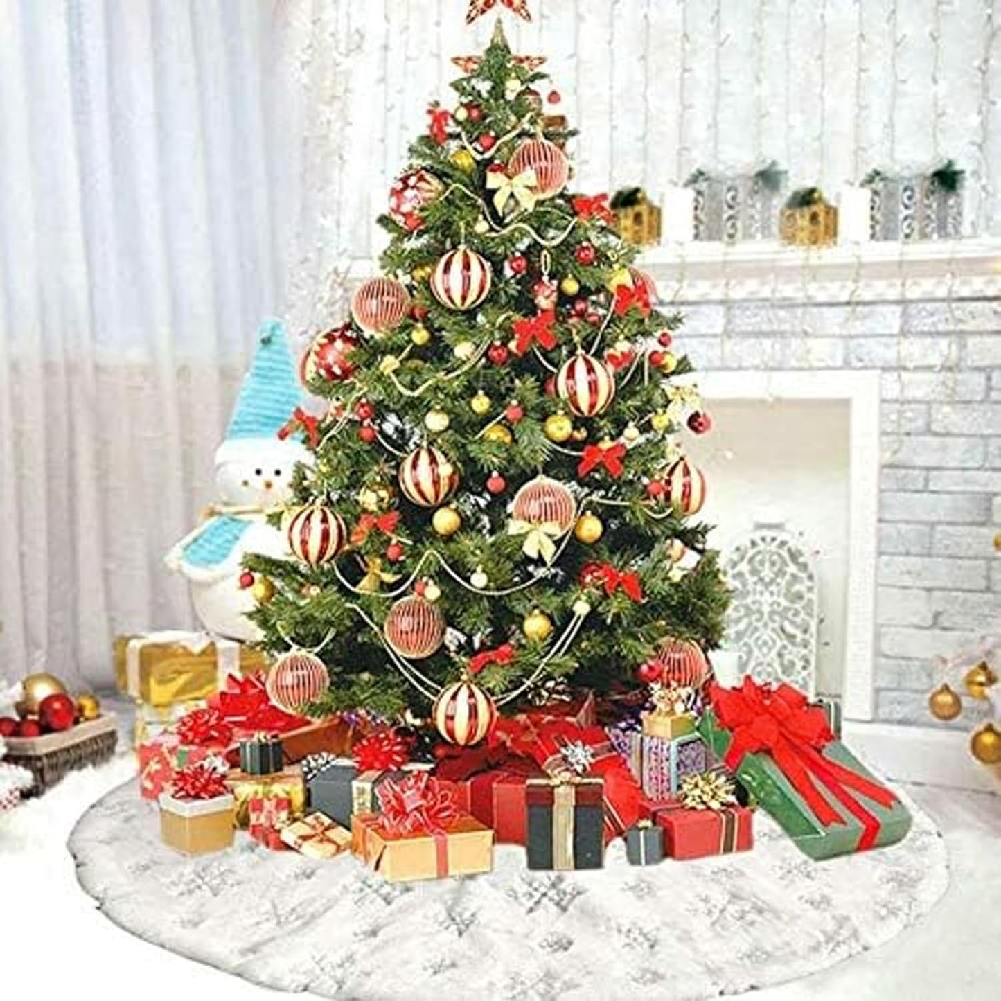 60inch White Christmas Tree Skirt Tree Carpet Blanket, Soft 5ft Xmas Christmas Tree Blanket with Silver Snowflake White Faux Fur Carpet for Christmas Holidays Decoration Party
