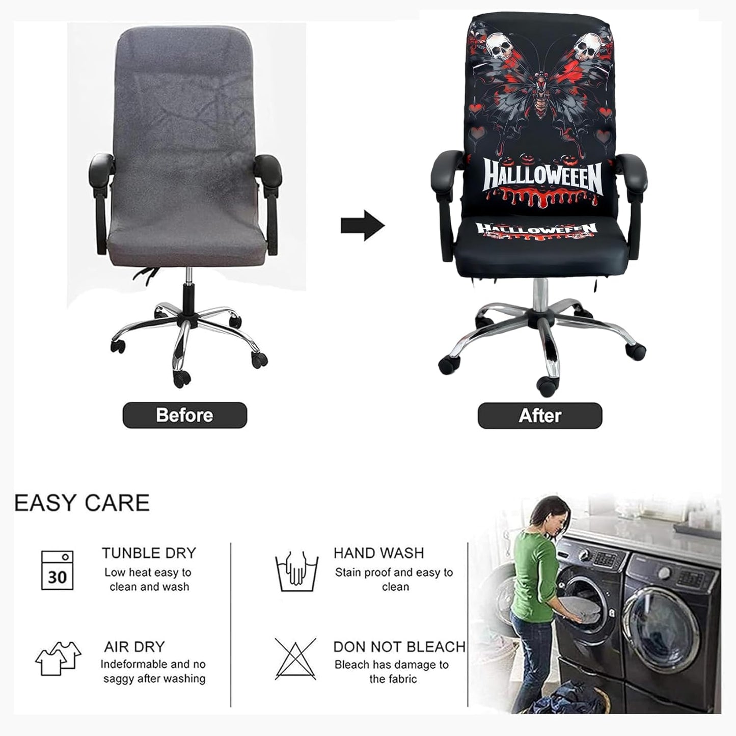 Halloween Office Chair CoversHorror Bloody Handprints Footprints on White Horror Theme Print Stretchable Slipcover for Modern Simplism Style High Back Boss Chair(No Chair) (Halloween08, L)…