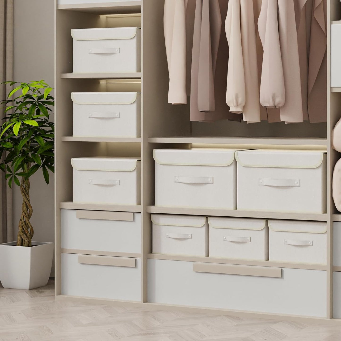 Storage Boxes, Collapsible Storage Bins with Lids, Cotton and linen cloth Storage Baskets with Handle, for Books, Closet, Bedroom, Home, 10.2x7.9x6.7 in, Beige