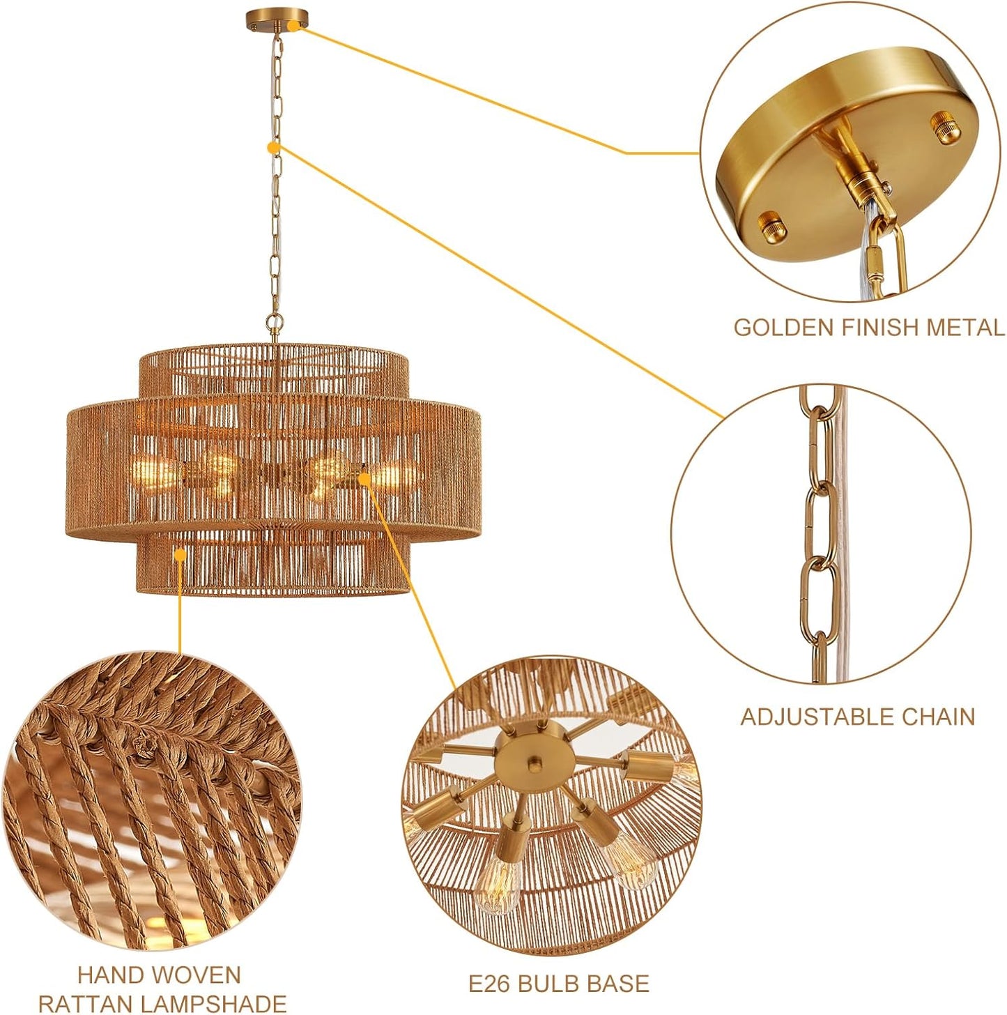 30” Large Hand-Woven Rattan Chandelier Vintage 8-Light Farmhouse Boho Bamboo Chandelier Light Fixture Retro 3-Tier Drum Wicker Rattan Golden Chandeliers for Dining Room, Kitchen, Living Room