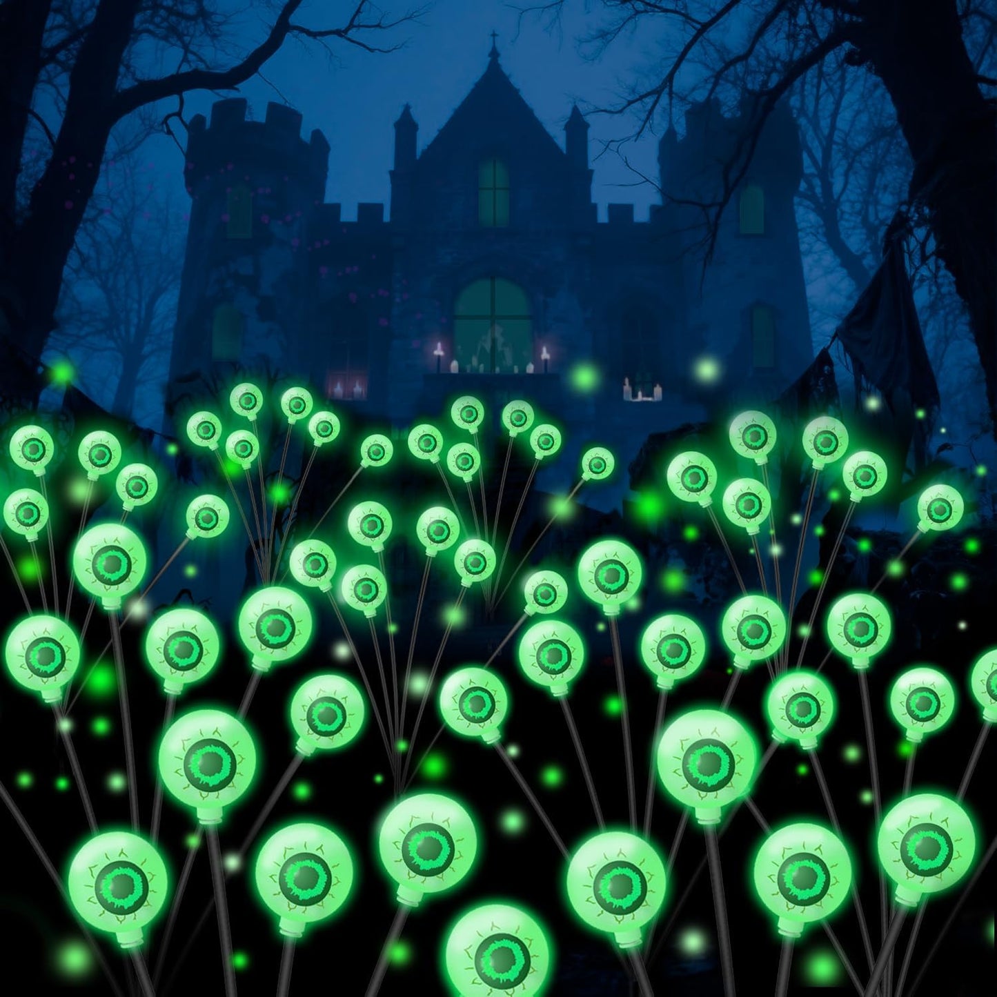 VOTTGO Halloween Solar Lights Outdoor, 2 Pack 12LED Scary Solar Eyeball Pathway Lights, 2 Modes Waterproof Swaying Firefly Light for Garden Yard Pathway Halloween Decorations, Green