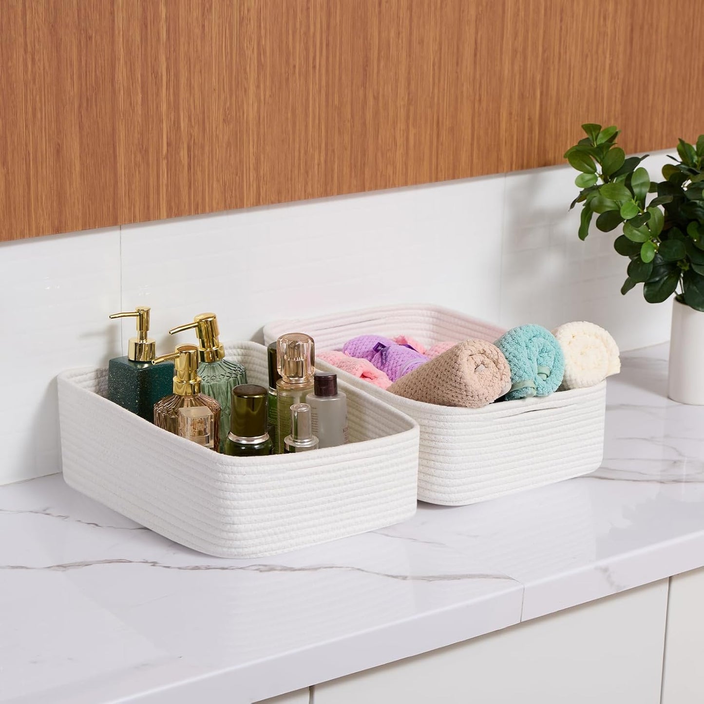 Large Shallow Organizing Baskets 15x11x5.1 Inches - Rope Woven Storage Bins for Bathroom, Shelves, Cube Closet, Off White 2 Packs