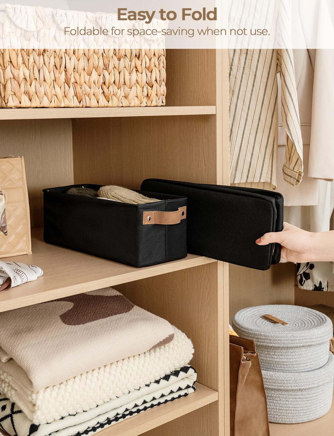 StorageWorks Narrow Storage Bins, Small Basket for Closet and Shelves, Fabric Organizer with Handles, Toilet Paper Storage, Black, 2-Pack