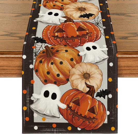 Artoid Mode Jack-O'-Lantern Pumpkin Ghost Spider Web Halloween Table Runner,Holiday Kitchen Dining Table Decoration for Home Party Decor 13 x 48 Inch