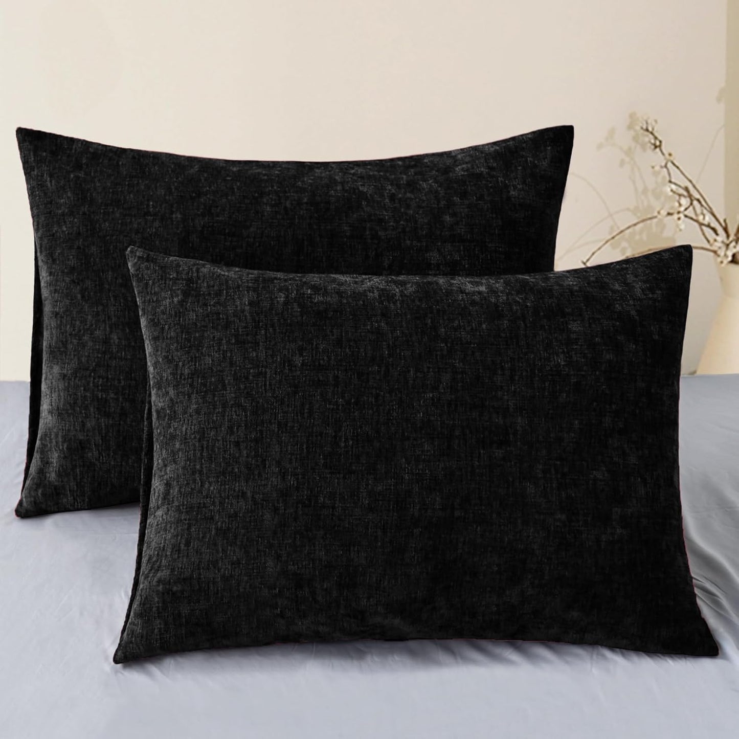 CaliTime Throw Pillow Covers Decorative 20 X 26 Inches Pack of 2 Cozy Chenille Standard Pillow Shams Cases for Couch Sofa Bed Living Room Home Black