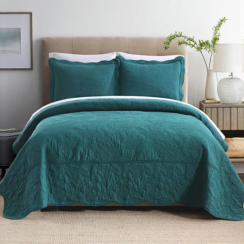 Cotton Bedspread Quilt Sets, Real Patchwork Bedding Sets with Luxury Floral Paisley Pattern, 3 Pieces Reversible Soft Lightweight Coverlet for All Season, Turquoise, Queen Size