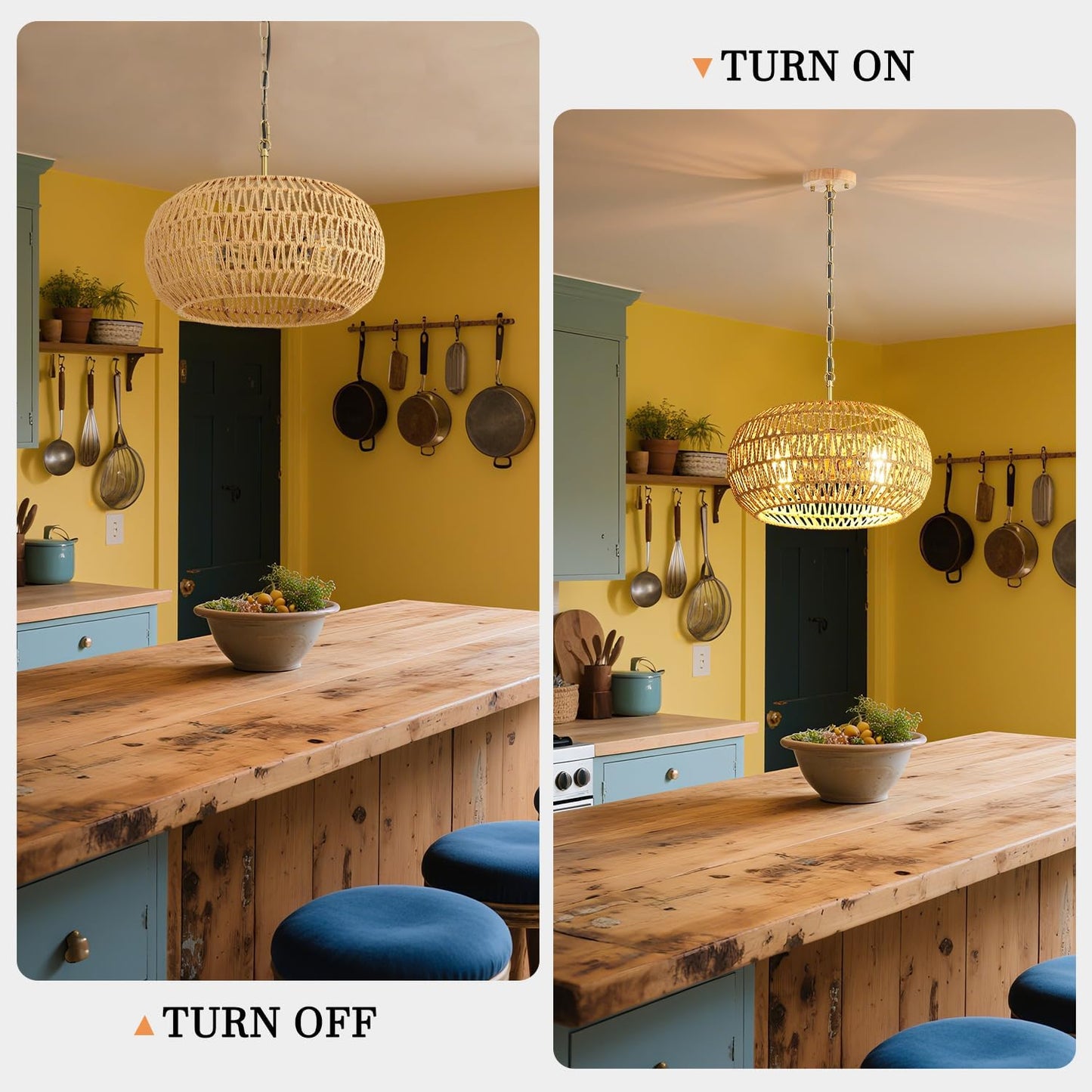 Rattan Pendant Light Kitchen Island,Farmhouse Chandelier for Dining Room Light Fixture Over Table,Ceiling Hanging Light Fixture with Wicker Lamp Shade for Bedroom Hallway Living Room