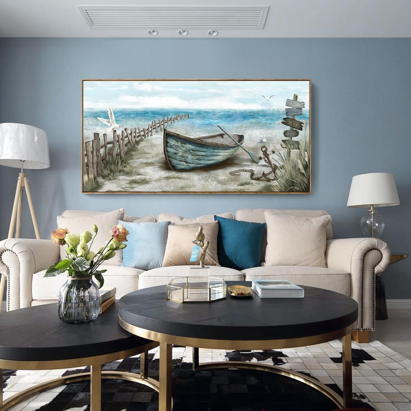Extra Large Framed Wall Art for Living Room Coastal Décor Rustic Rowboat Canvas Print Big Beach Themed Painting Seagull Vintage Boat Sea Bird Artwork Oversized Blue Teal Seaside Ocean Picture for