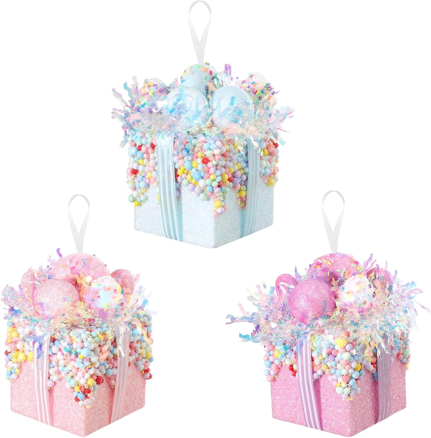 Christmas Tree Gift Box Ornament Set,3 Pieces Macaron Color Candy Gift Hanging Ornaments for Christmas, New Year, Easter, Birthday (Pink Purple Blue)