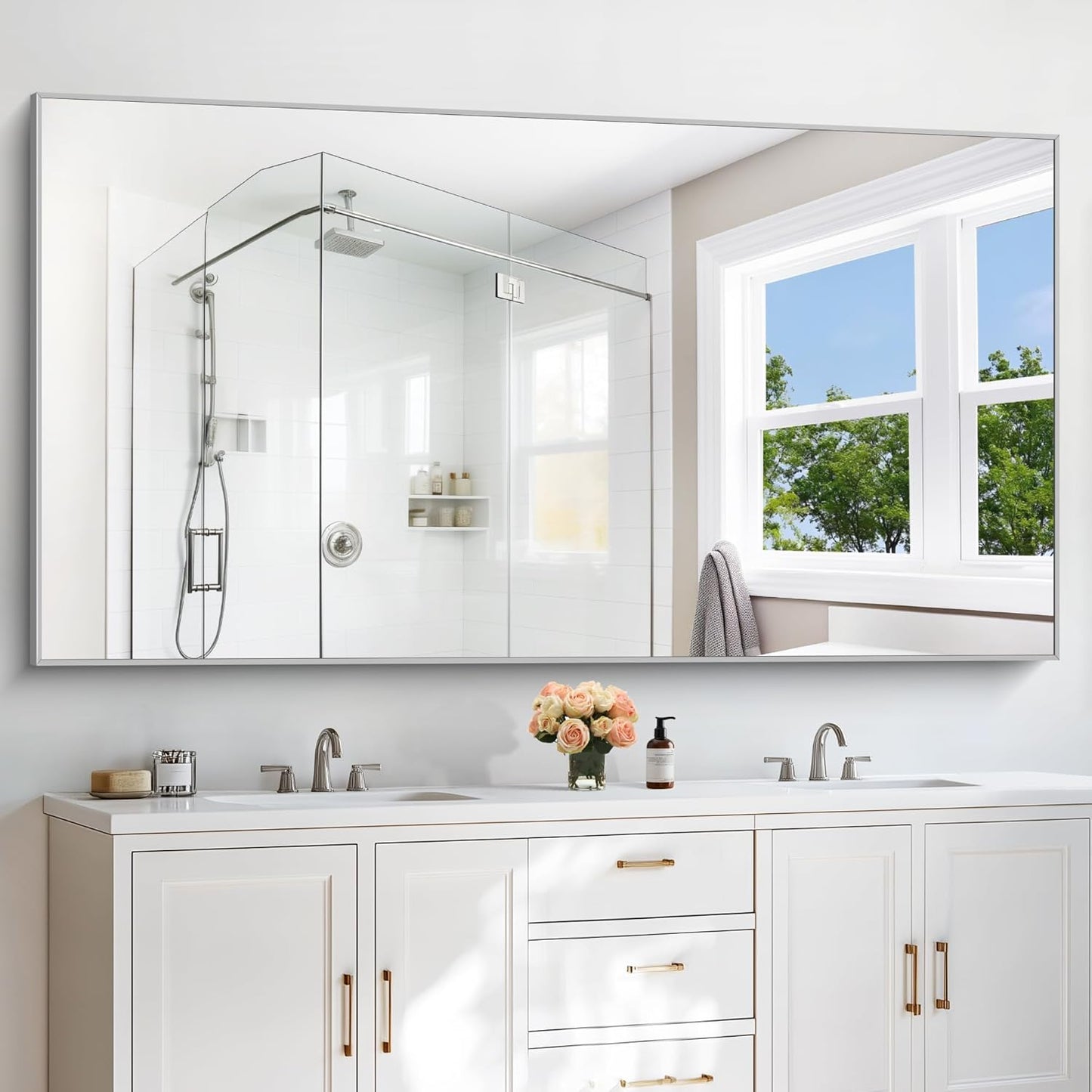 36x72inch Bathroom Mirror, Silver Rectangle Mirror with Thin Metal Frame, Large Rectangular Wall Mirrors for Bathroom, Living Roomm, Hair Salon, Big Farmehouse Mirror Hang Horizontal/Vertical