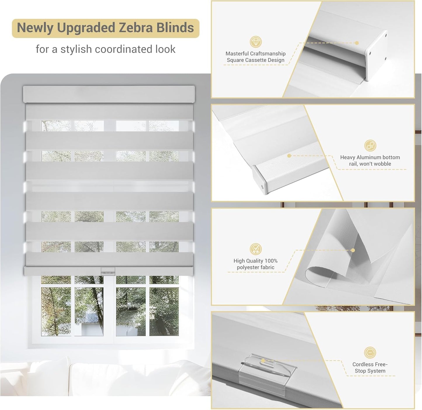 Cordless Zebra Blinds for Windows, Blackout Interior Blinds,Easy to Install,UV Protection,for Offices and Home,Custom Roller Shades, Solid White, 82" W x 56" H