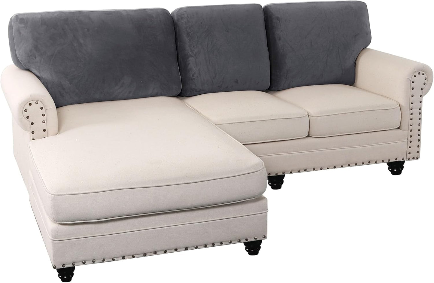 PrinceDeco Sectional Couch Covers Velvet Cushion Covers for Sectional Couch Cushion Covers for Sectional Sofa Separate Sectional Sofa Slipcovers Washable(1 Chaise Back+ 2 Sofa Back,Grey)