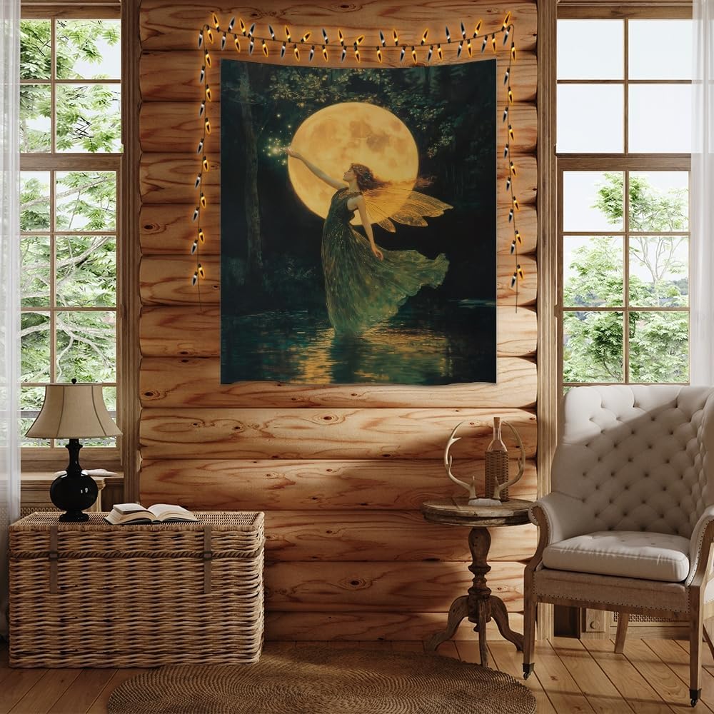 Whimsical Fairy Tapestry Fantasy Moonlight Fae Goddess Print Moody Gothic Aesthetic Wall Hanging Magical Forest Pictures Dark Cottage Witchy Tapestries for Girls Room Bedroom 30x40inch