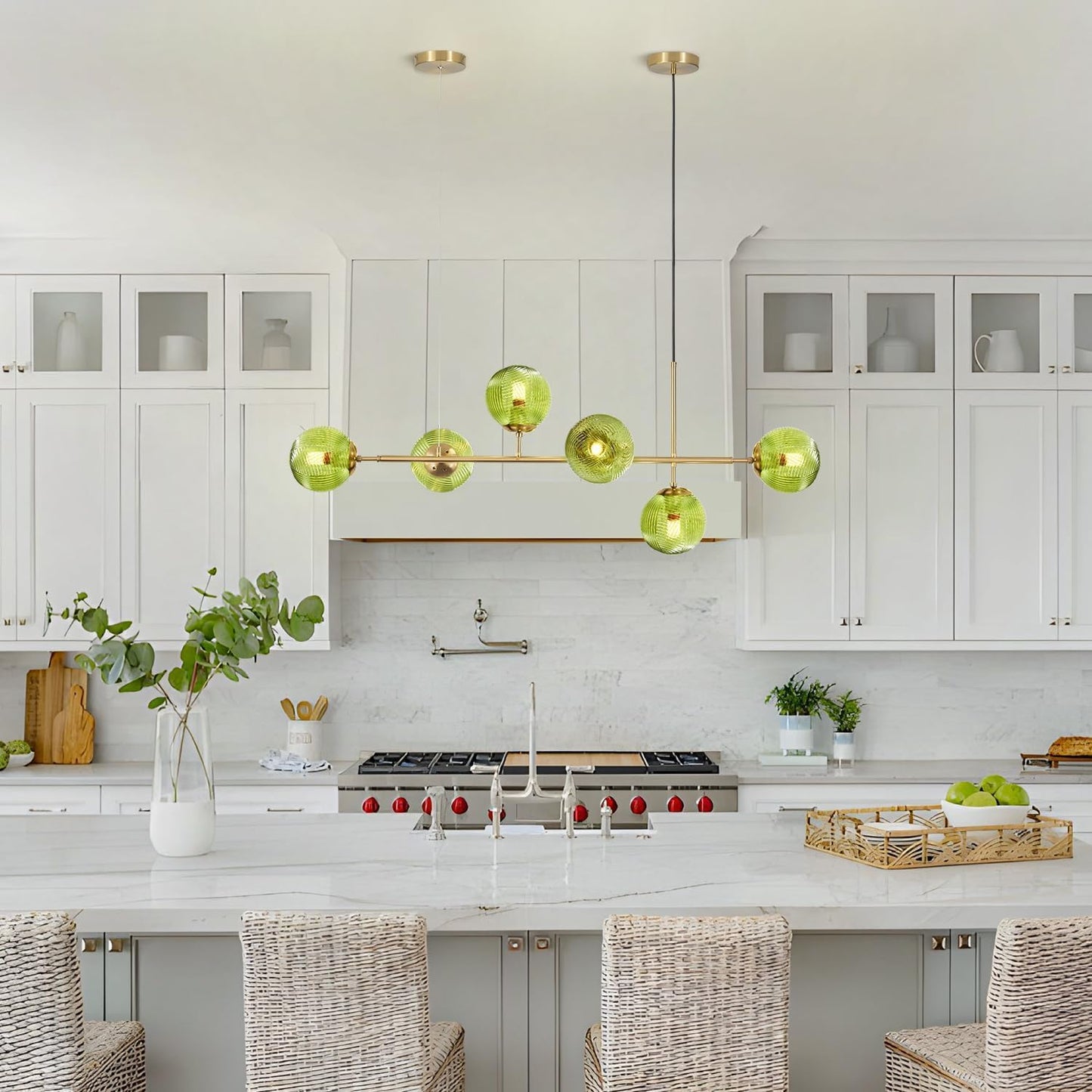 KCO Lighting 6 Green Glass Pendant Lights Kitchen Island Mid Century Modern Globe Sputnik Chandelier Brushed Gold Linear Island Light Fixture for Dining Room