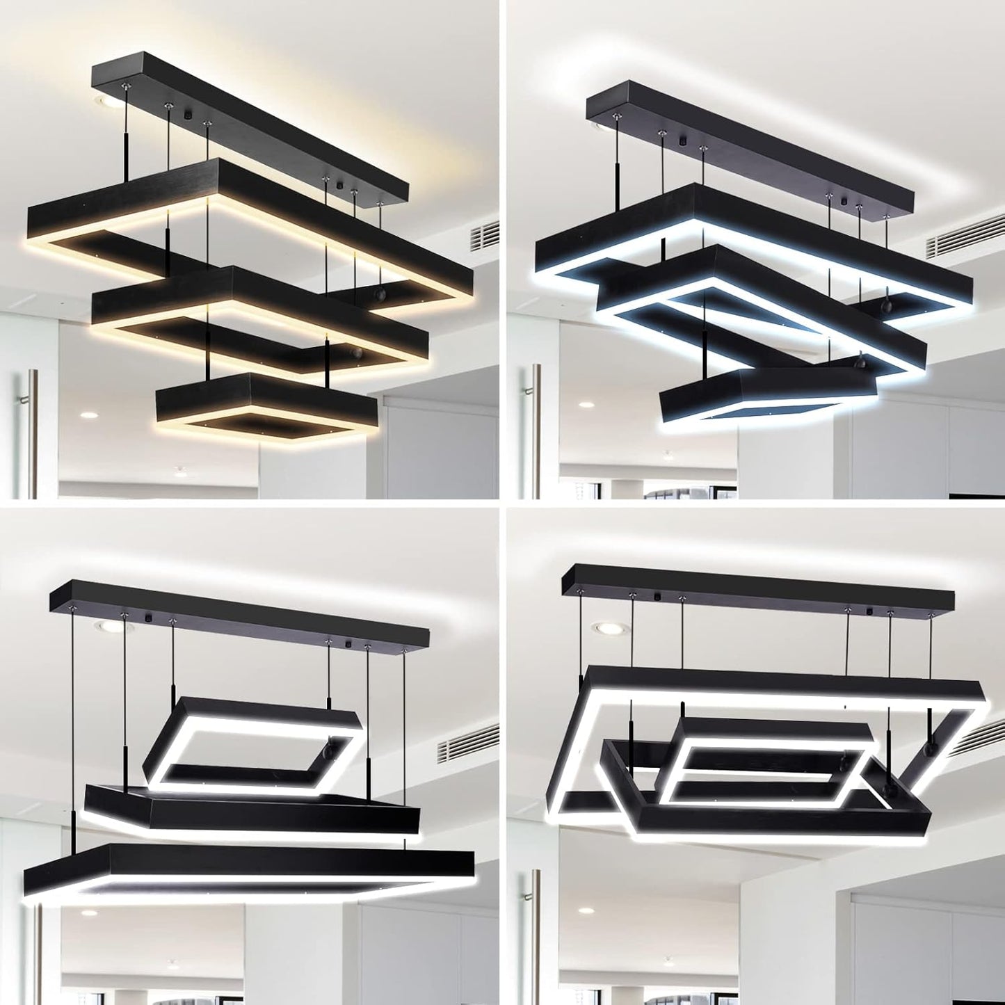 Modern 3 Rings Rectangle Chandelier for Living Room - Adjustable Height Luxury Foyer Lighting Fixture for High Ceiling, Hanging Dining Room LED Pendant Light