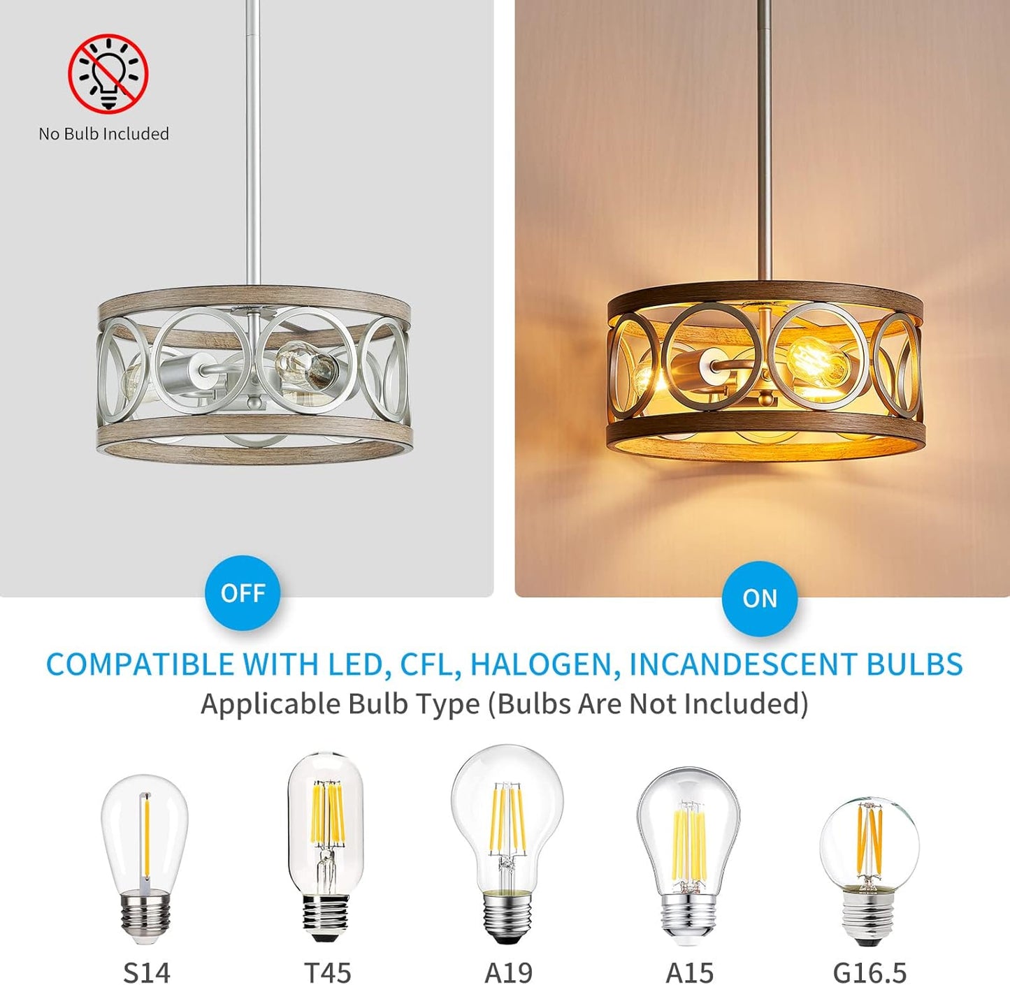 XINGQI Modern Ceiling Light Adjustable Height Pendant Lighting Fixture Brushed Nickel Wood Grain Metal 13" Rustic Round Lights for Dining Room Kitchen Bedroom Foyer Hallway