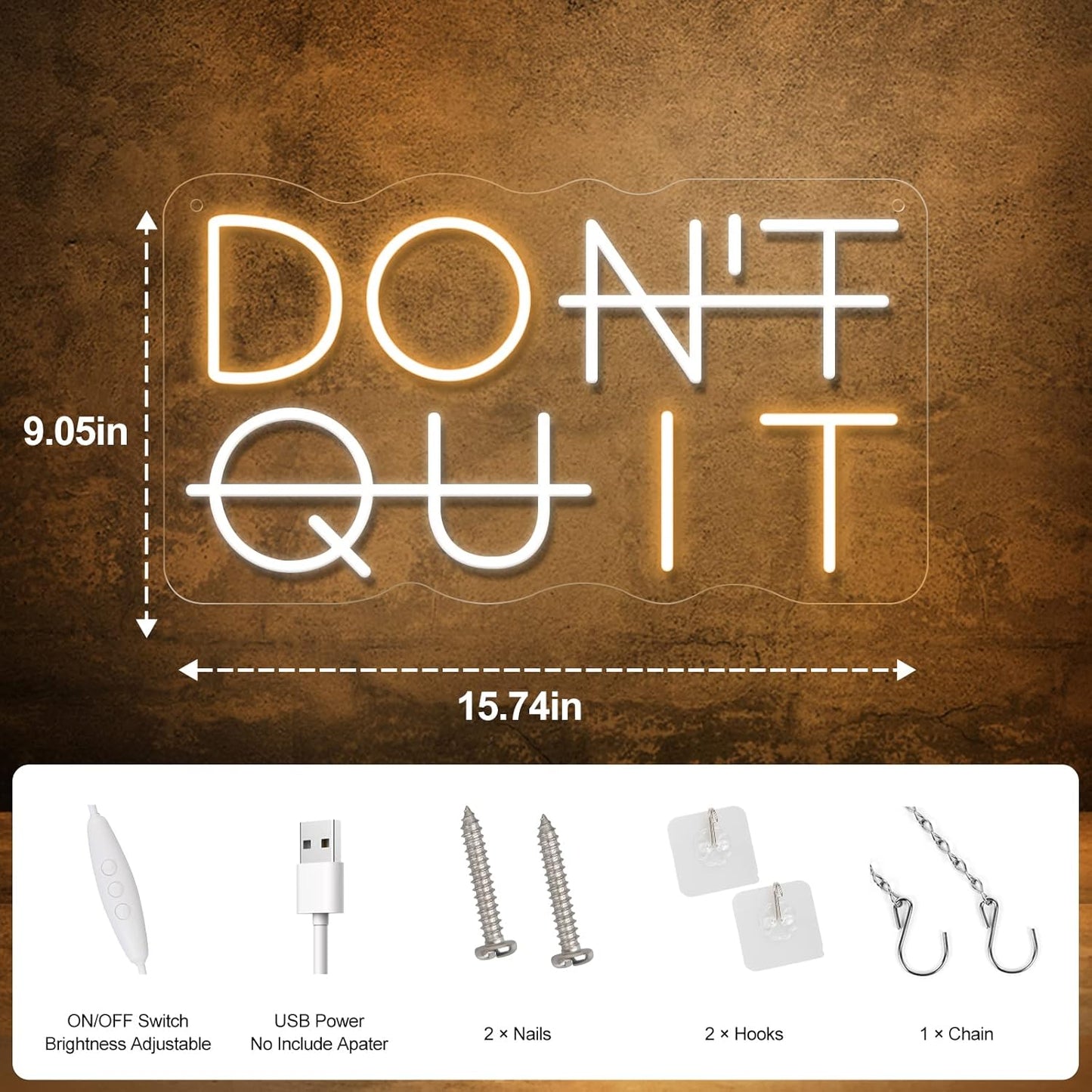 Don't Quit LED Neon Sign for Wall Decor, DO IT Neon Lights Party Decorations, USB Powered Switch Neon Lights lighting adjustable for Office Room, Gym Room, Man Cave, Gamer Room