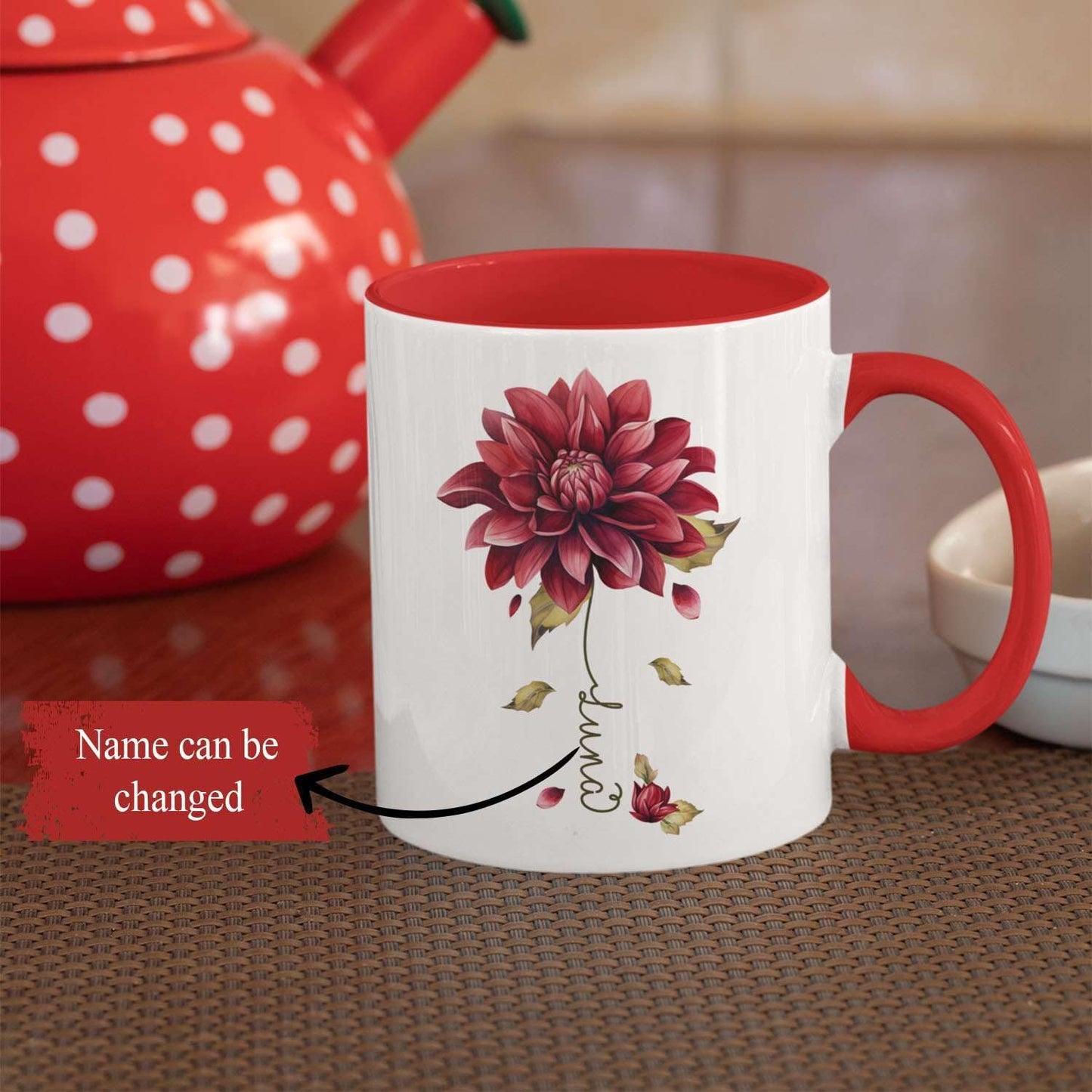 Dahlia Flower Design Coffee Mug, Personalized Name On Red Floral Cup, Custom Ceramic Mug For Flower Lovers, Customized Dahlia Accent Cup 11oz Or 15oz, Floral Decorative Mug Gift