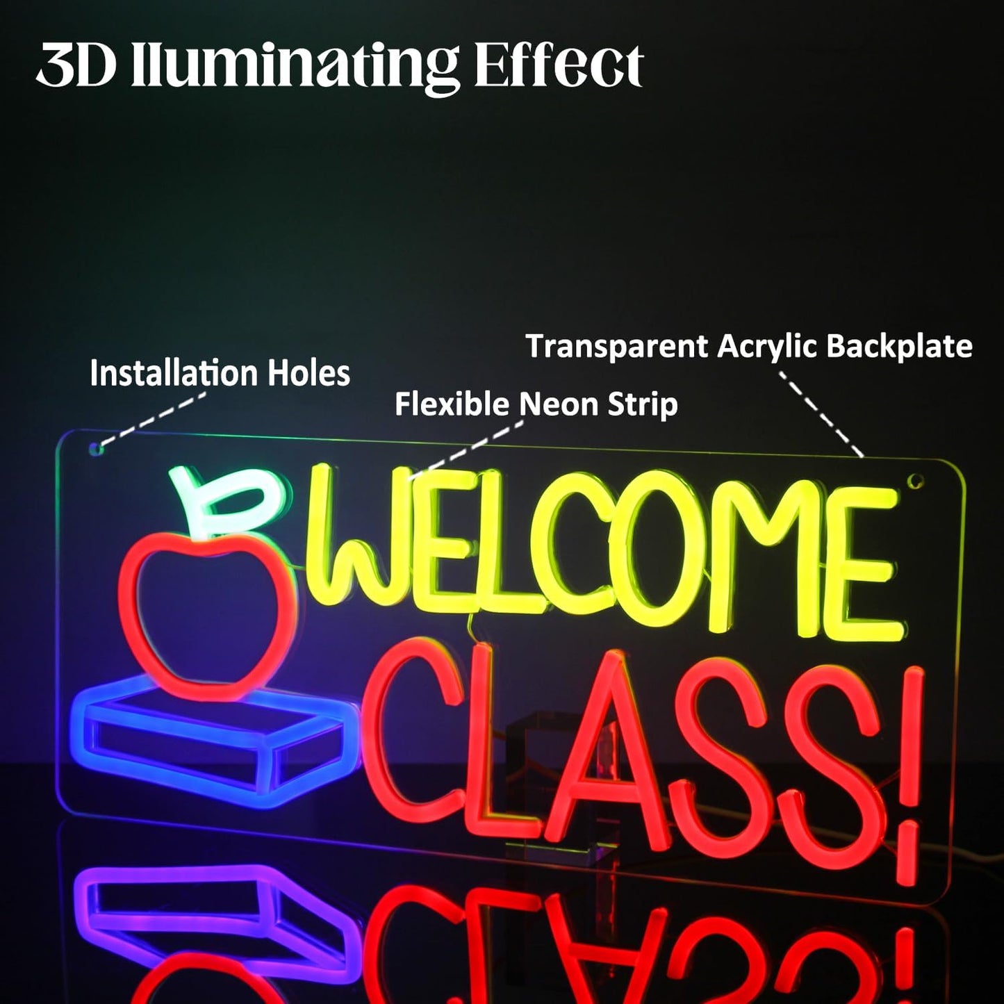 Welcome Class Neon Sign Student Classroom Neon Lights Apple Book LED Signs for Wall Colorful Back to School Wall Art Neon Light Up Signs for Classroom School Opens Party Decorations