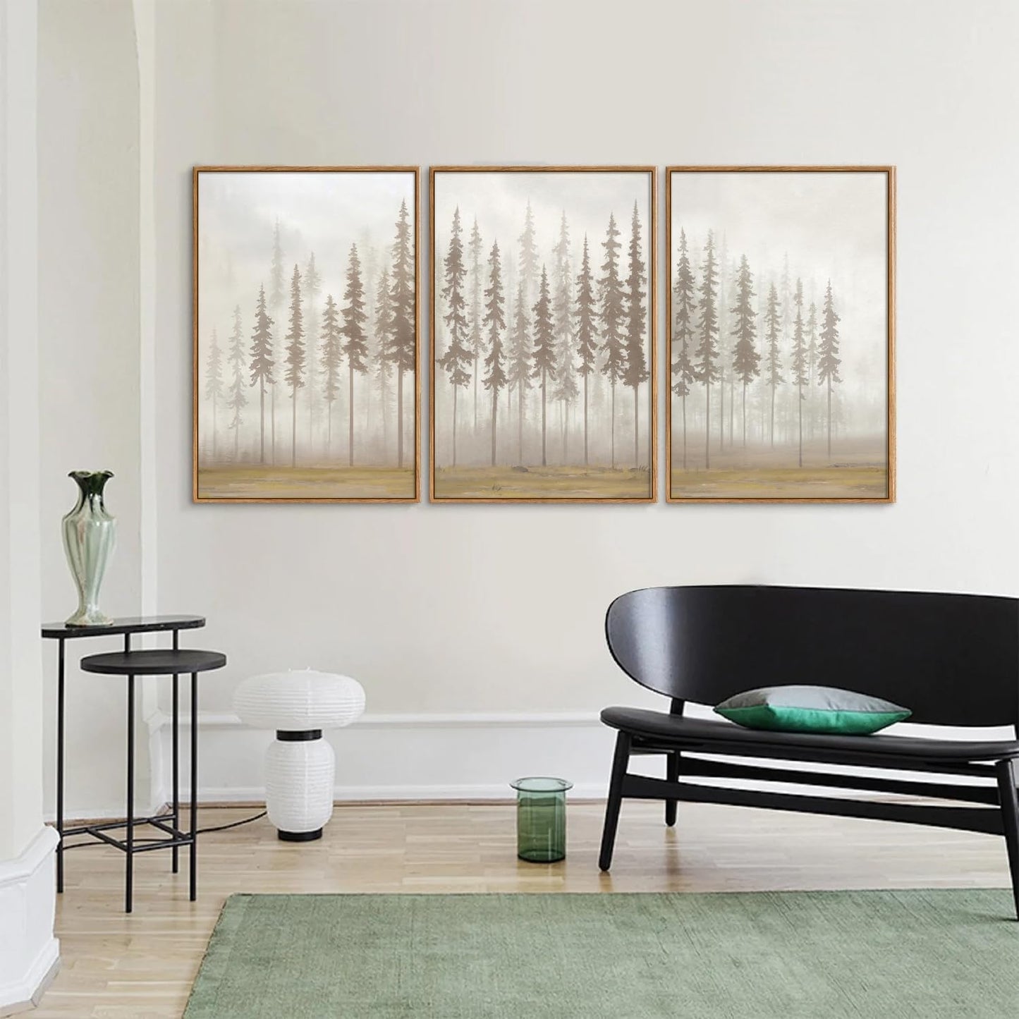 SIGNINART Large Pine Tree Framed Canvas Wall Art Set, Foggy Forest Landscape Wall Decor, Modern Beige Nature Artwork, Misty Forest Wall Painting for Living Room, Bedroom,Office 16 x24 x3