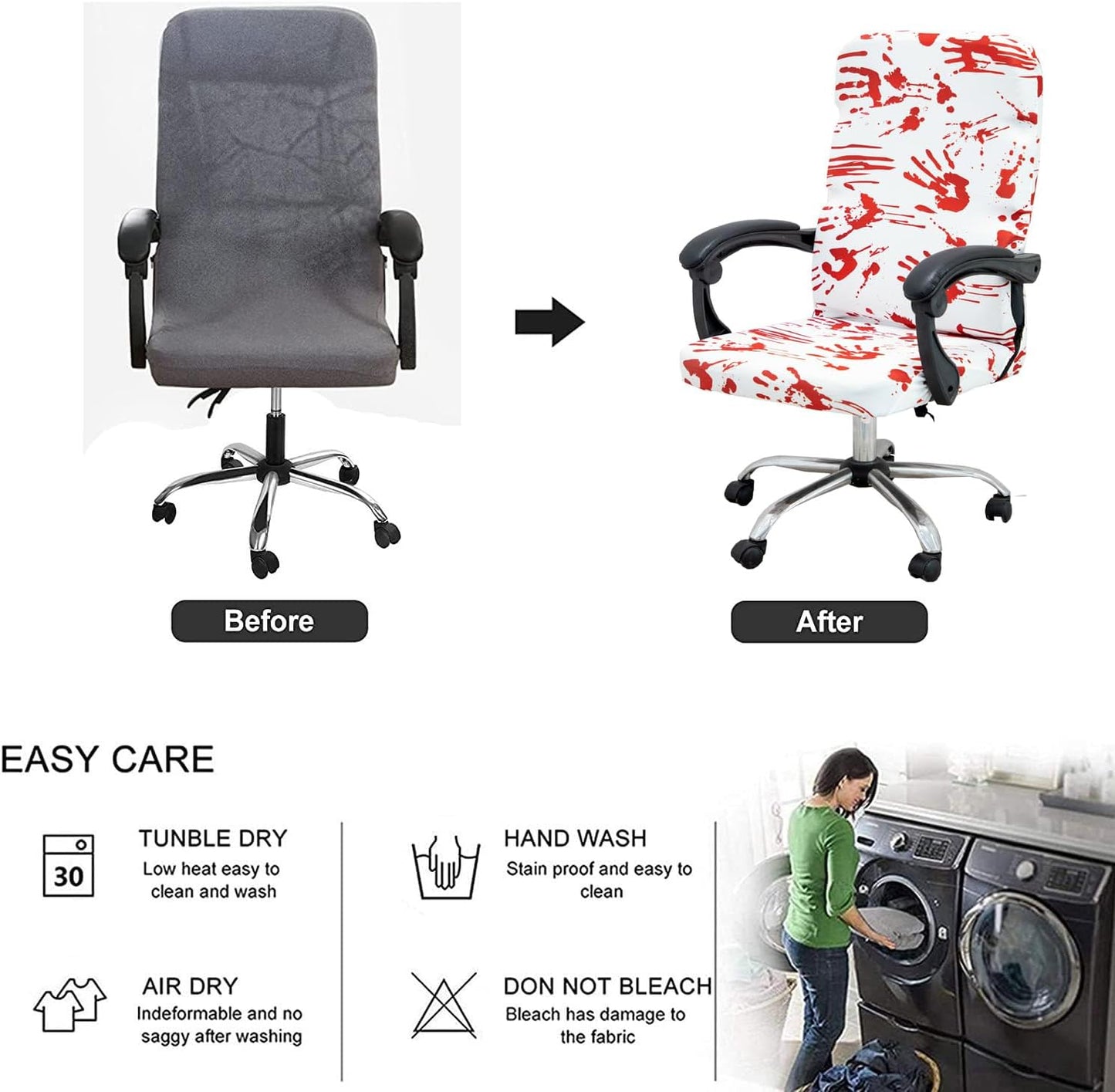 Halloween Office Chair CoversHorror Bloody Handprints Footprints on White Horror Theme Print Stretchable Slipcover for Modern Simplism Style High Back Boss Chair(No Chair) (Halloween03, L)…