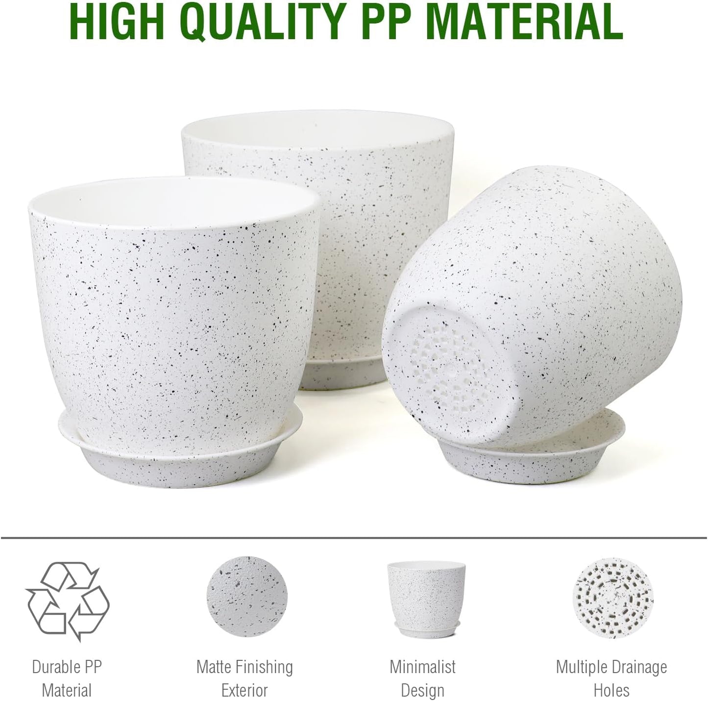 10/9/8 inch Medium Plant Pots, Set of 3 Modern Decorative Plastic Planters with Drainage Holes and Saucers for Garden House Plants, Flower Pots for Indoor Outdoor Plants, Speckled White
