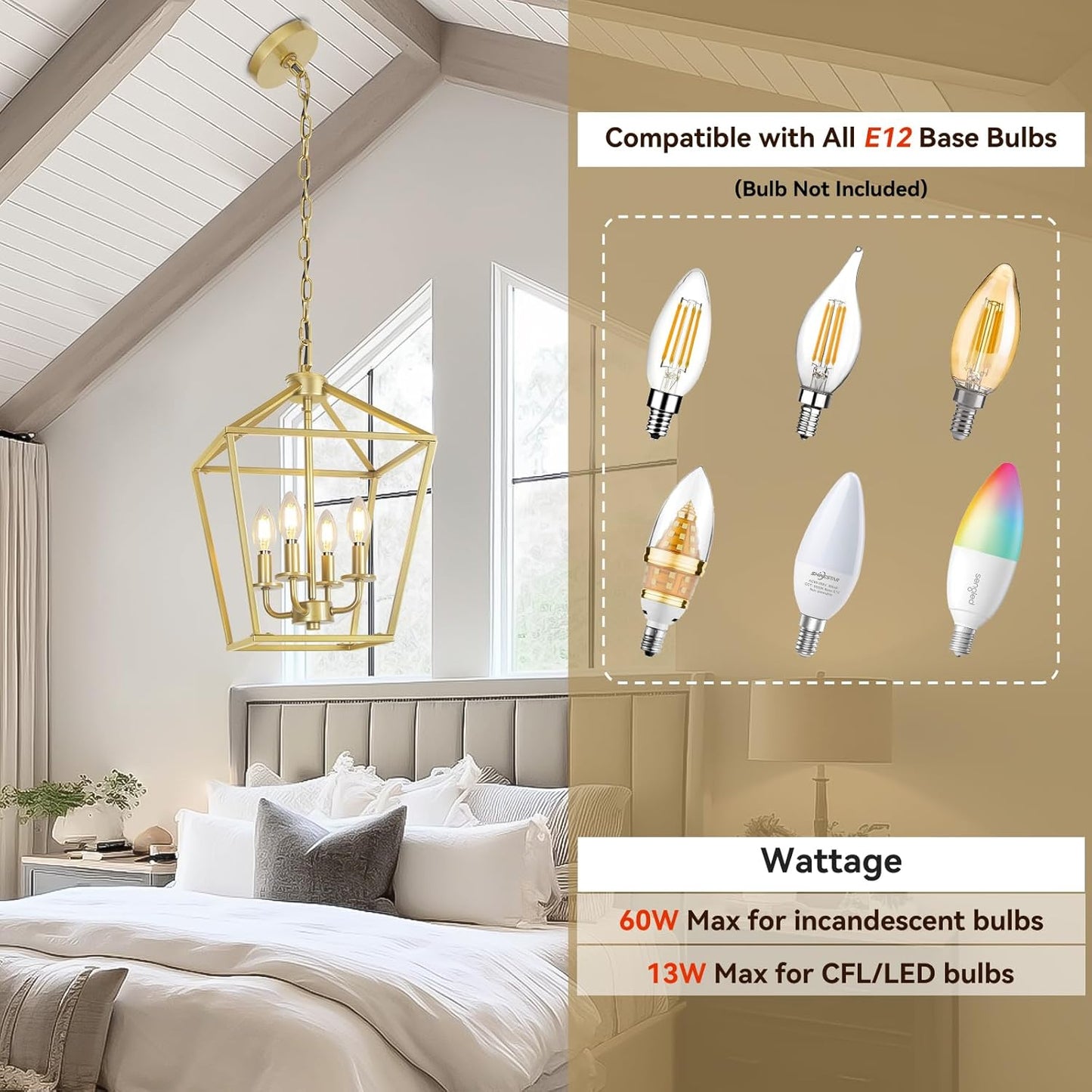 4 Light Gold Chandelier, Industrial Ceiling Light Lantern Light Fixtures with Farmhouse Metal Cage Adjustable Height Rustic Geometric Hanging Light E12 Base for Kitchen Island, Entryway, Indoor