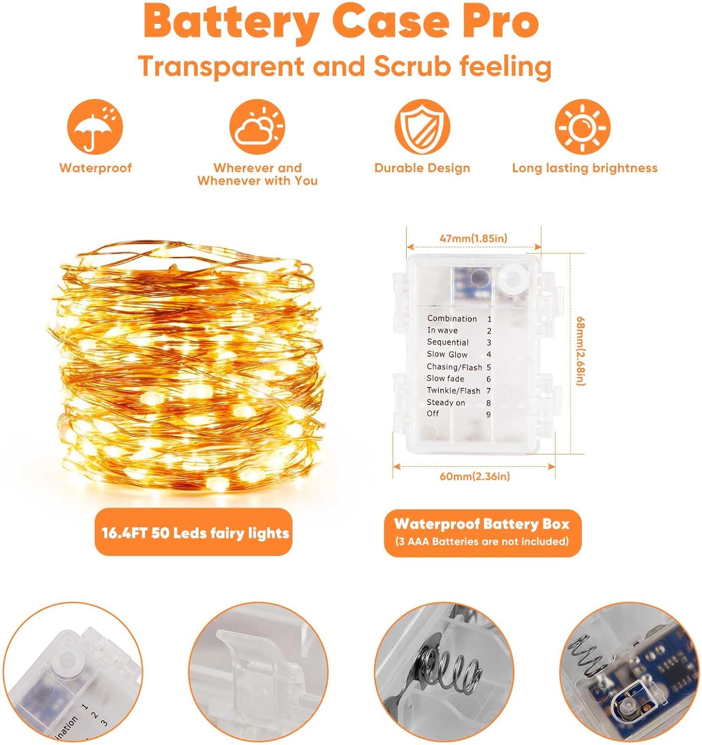 1 Pack 16.4 Ft. Battery Operated Outdoor String Lights with Remote & Timer, LED Warm White Fairy Lights, Waterproof Twinkle Lights for Bedroom, Dorm, Mason Jar, Wedding, Party, Christmas