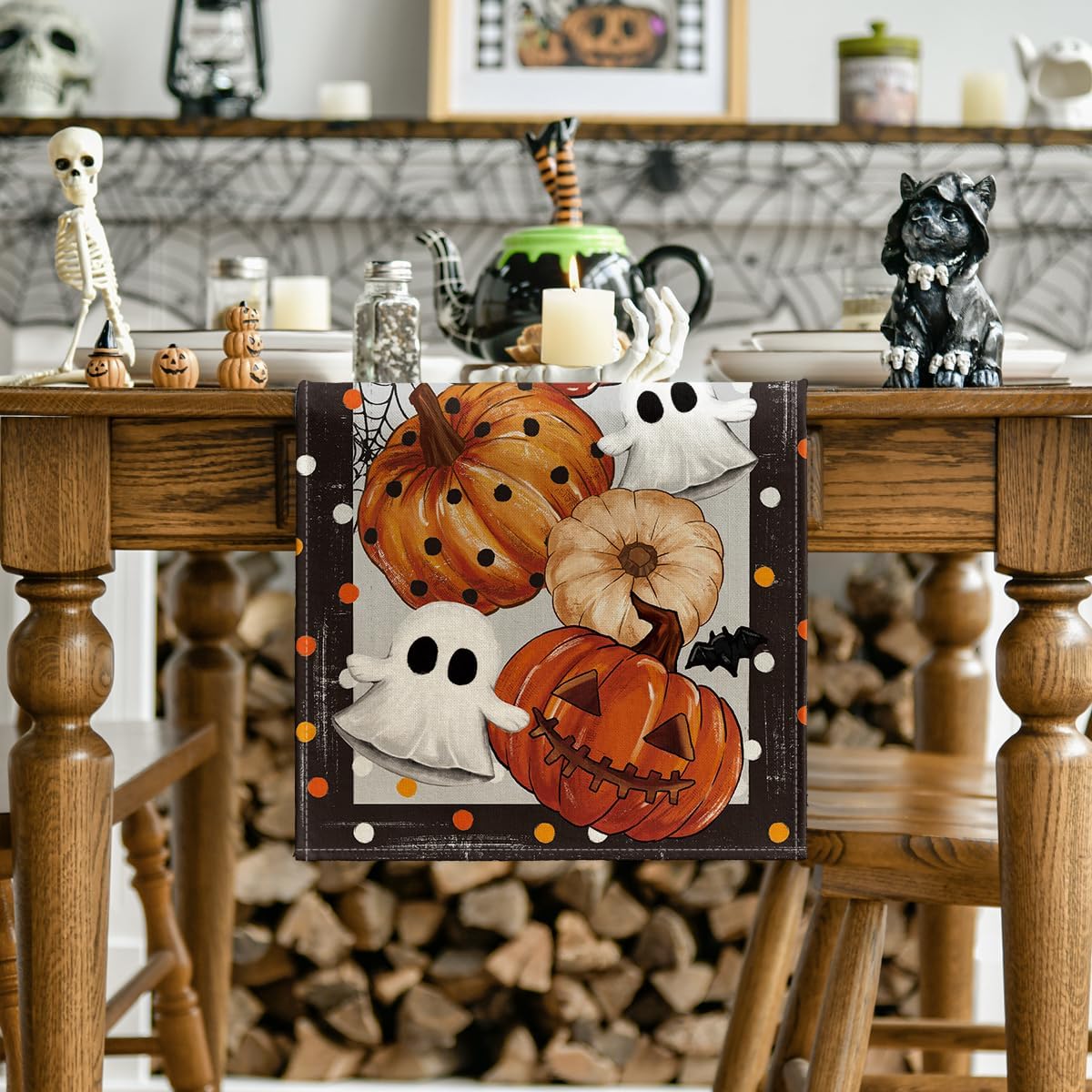 Artoid Mode Jack-O'-Lantern Pumpkin Ghost Spider Web Halloween Table Runner,Holiday Kitchen Dining Table Decoration for Home Party Decor 13 x 120 Inch