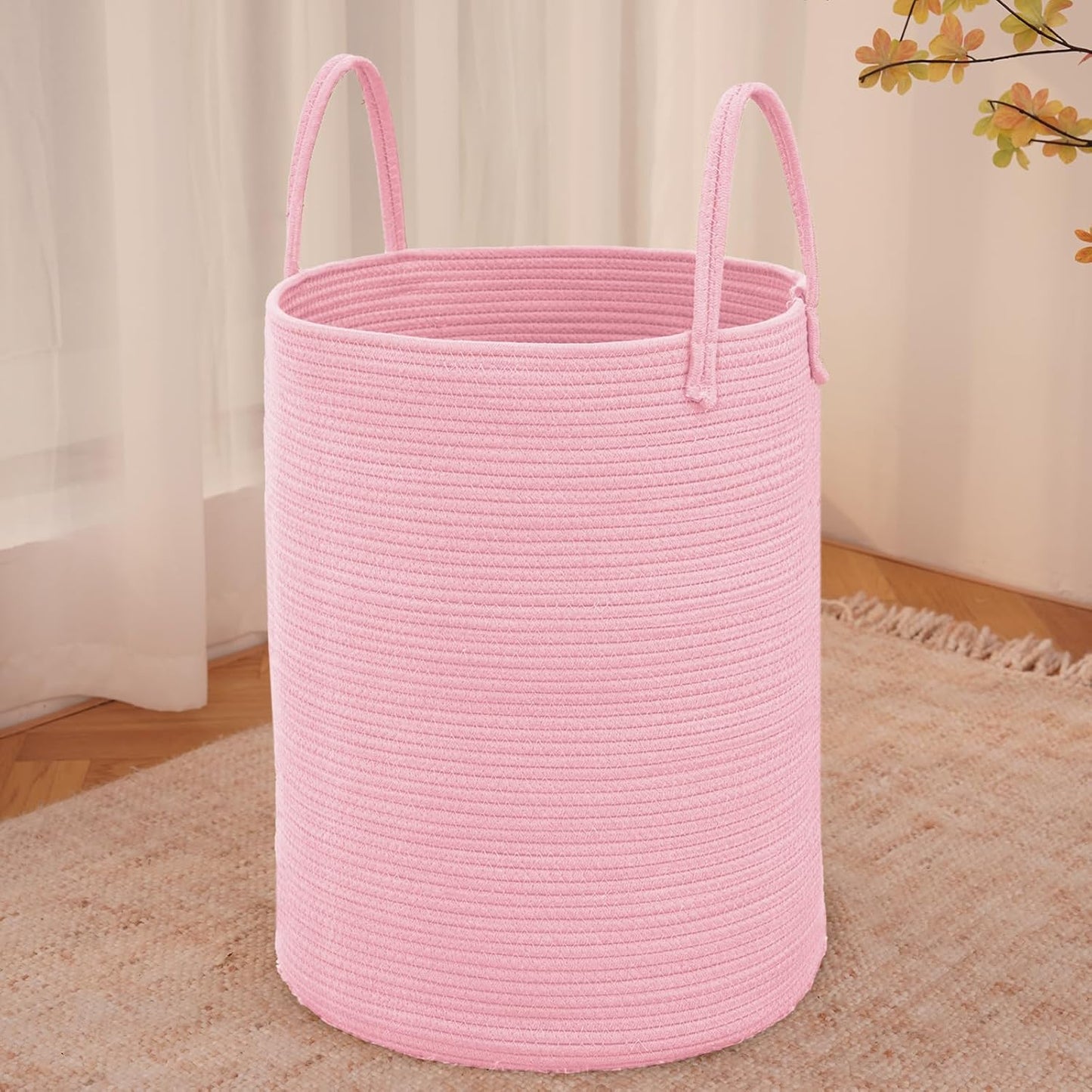 Large Woven Laundry Basket Hamper,60L Cotton Rope Storage Bin for Blankets,Toys and Clothes,Decorative Tall Nursery Hamper for Living Room,Baby Nursery,Bathroom and Bedroom,Pink