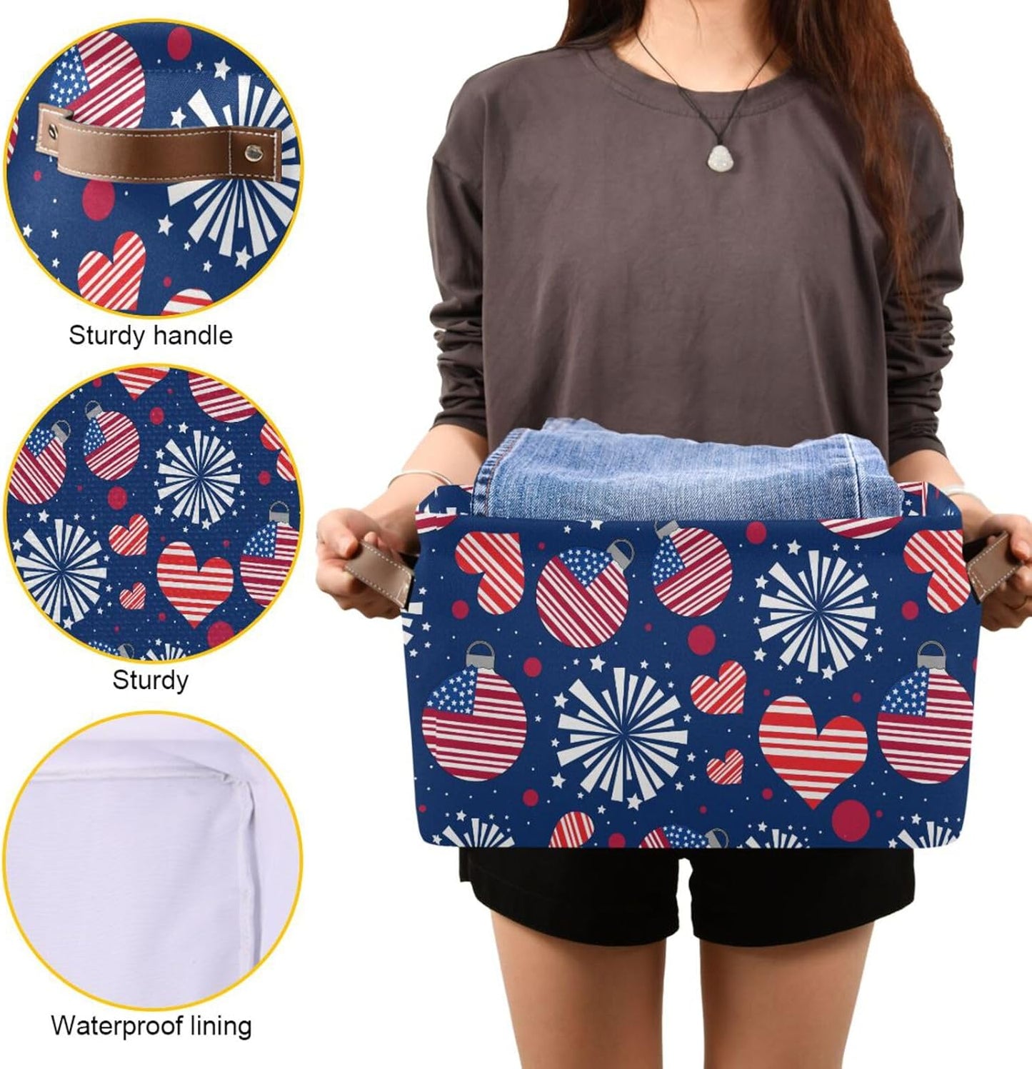 susiyo Fourth of July Basket American Independence Day Storage Box July 4th, American Flag with Hearts Fabric Storage Basket Organizer Bag with Handles