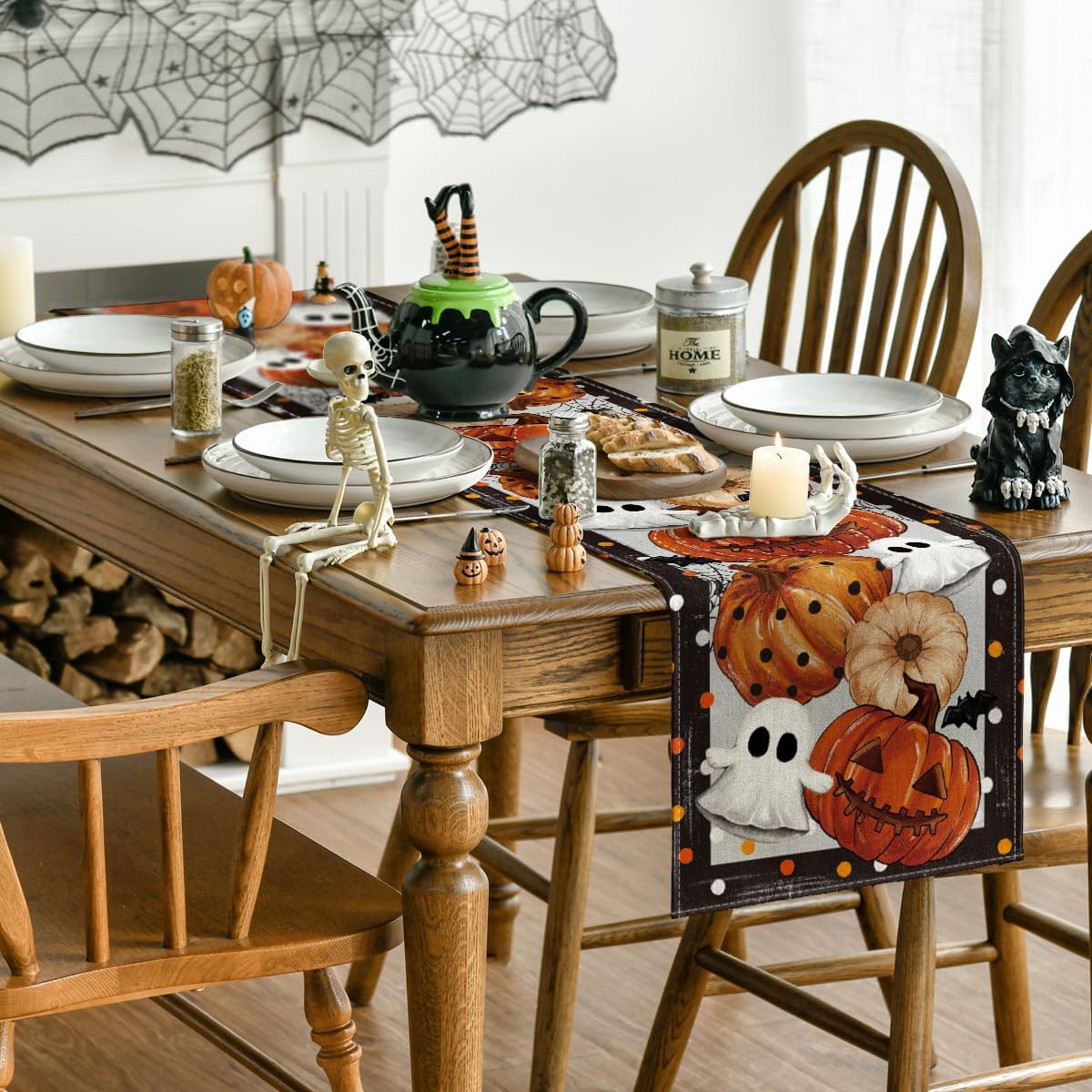 Artoid Mode Jack-O'-Lantern Pumpkin Ghost Spider Web Halloween Table Runner,Holiday Kitchen Dining Table Decoration for Home Party Decor 13 x 90 Inch