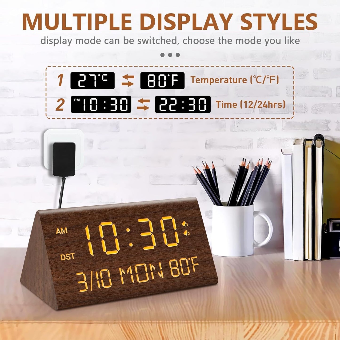 Kogonee Wooden Digital Alarm Clock, 0-100% Dimmer, 2 Alarm Settings, Weekday/Everyday Mode, 9 Mins Snooze, 12/24H, Temperature and Date Display for Office, Travel, Bedroom Alarm Clock (Brown)