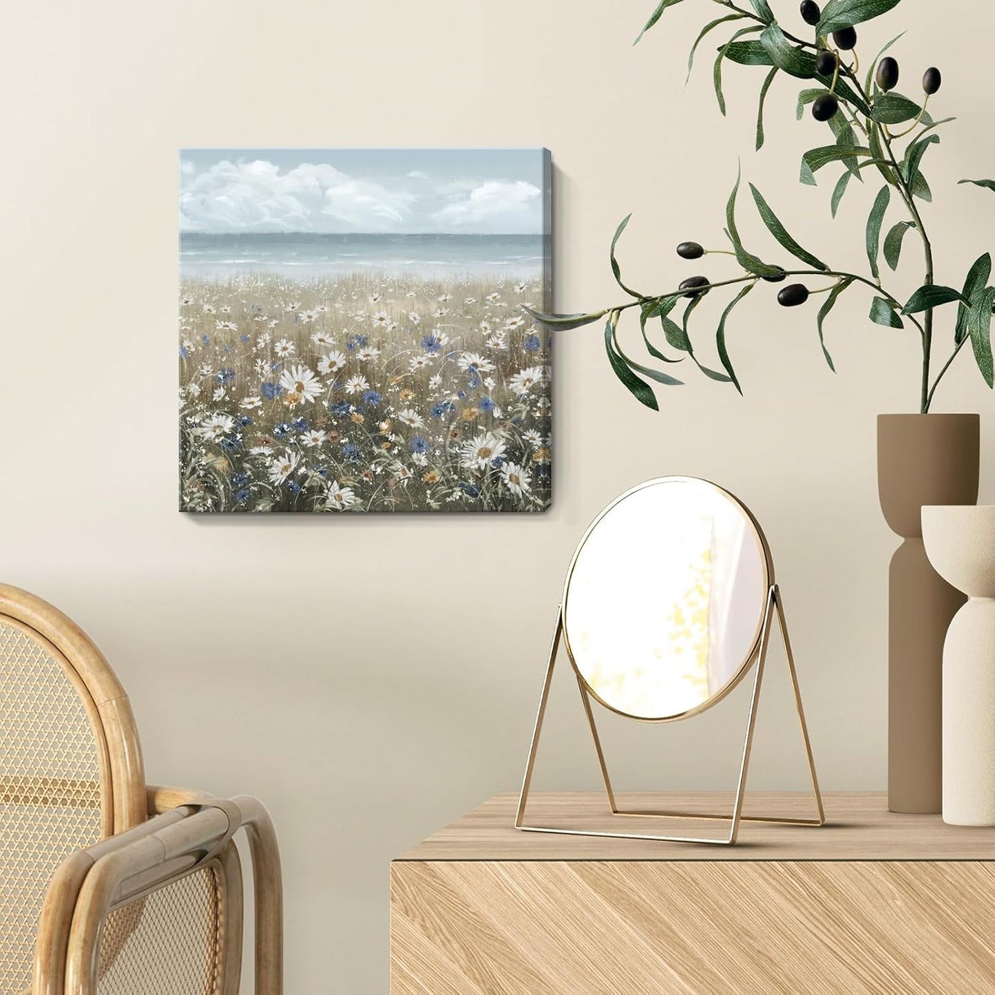 Canvas Wall Art Beach Floral Wall Picture Coastal Boho Farmhouse Daisy Flowers Nautical Sea Ocean Wildflowers Canvas Print Vintage Artwork for Small Rustic Bathroom Bedroom Living Room Office Décor