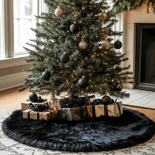 AOGU 48 Inch Faux Fur Christmas Tree Skirt Black Plush Skirt for Merry Christmas Party Christmas Tree Decoration