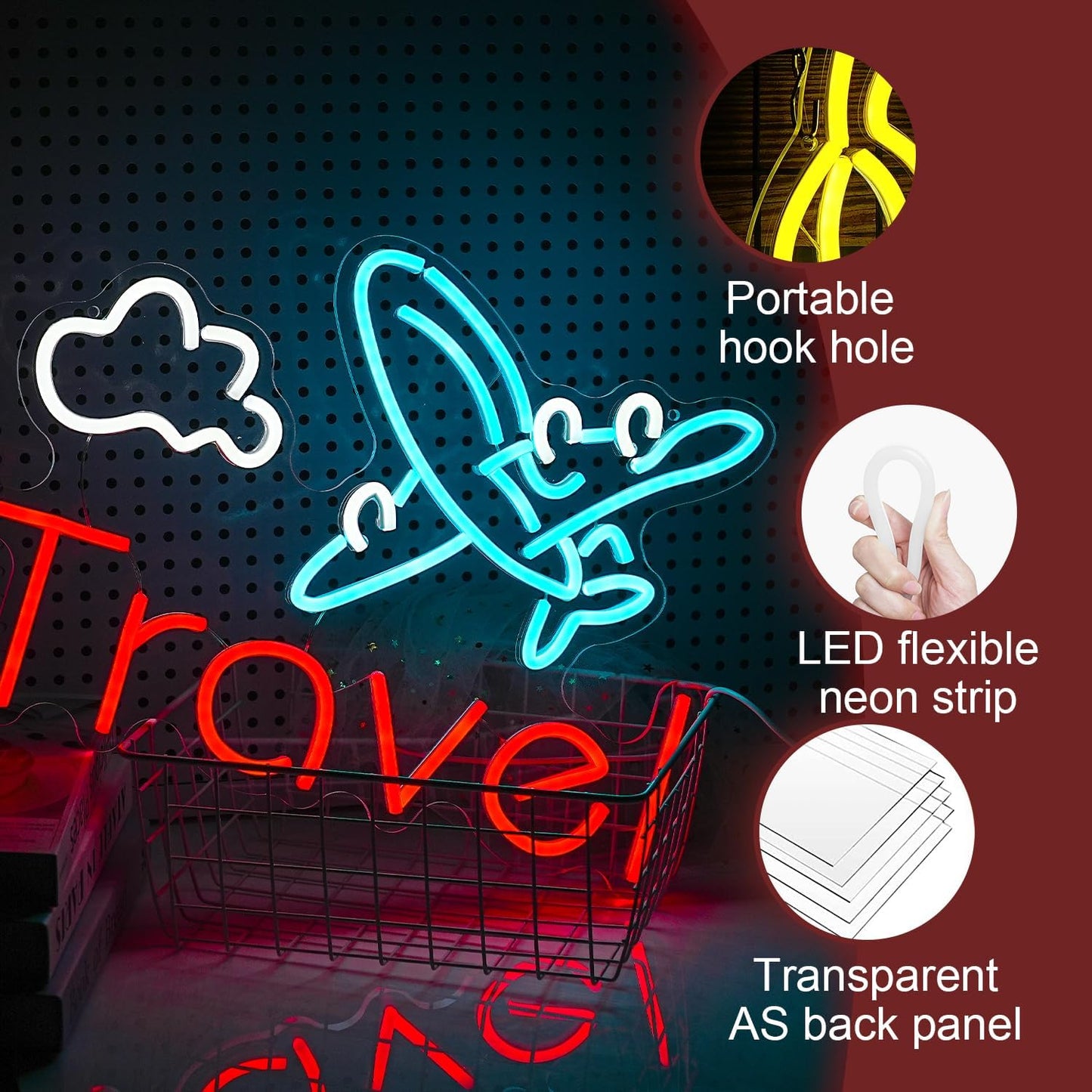 Travel Neon Sign USB Airplane LED Light Up Sign for Wall Decor Dimmable 12.2 * 16.5 In Go To Tranel Neon Light for Airport Travel Agency Bedroom(Ice Blue Red White)