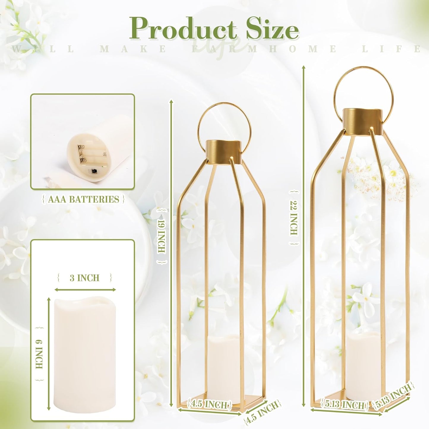 HPC Decor Modern Farmhouse Lantern - 22'' 19'' Large Tall Gold Metal Candle Lanterns with Timer Flickering Candles for Living Room, Outdoor, Fireplace Mantle Decor