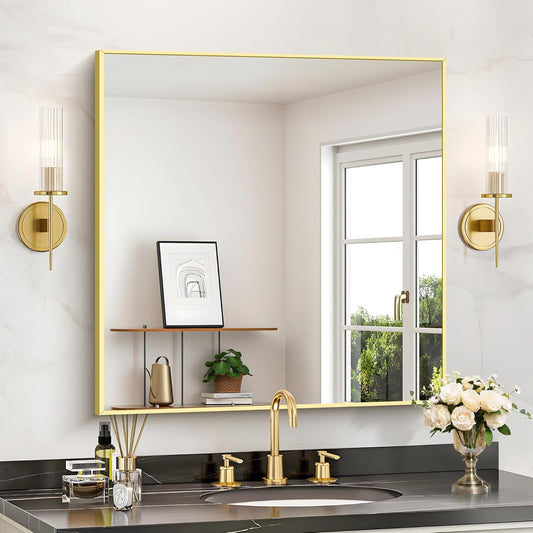 Gold Bathroom Mirror for Wall, 30x30 Inch Rectangle Mirrors with Metal Frame, Modern Vanity Wall Mirror Decor for Bathroom Living Room, Entryway Hangs Horizontal or Vertical