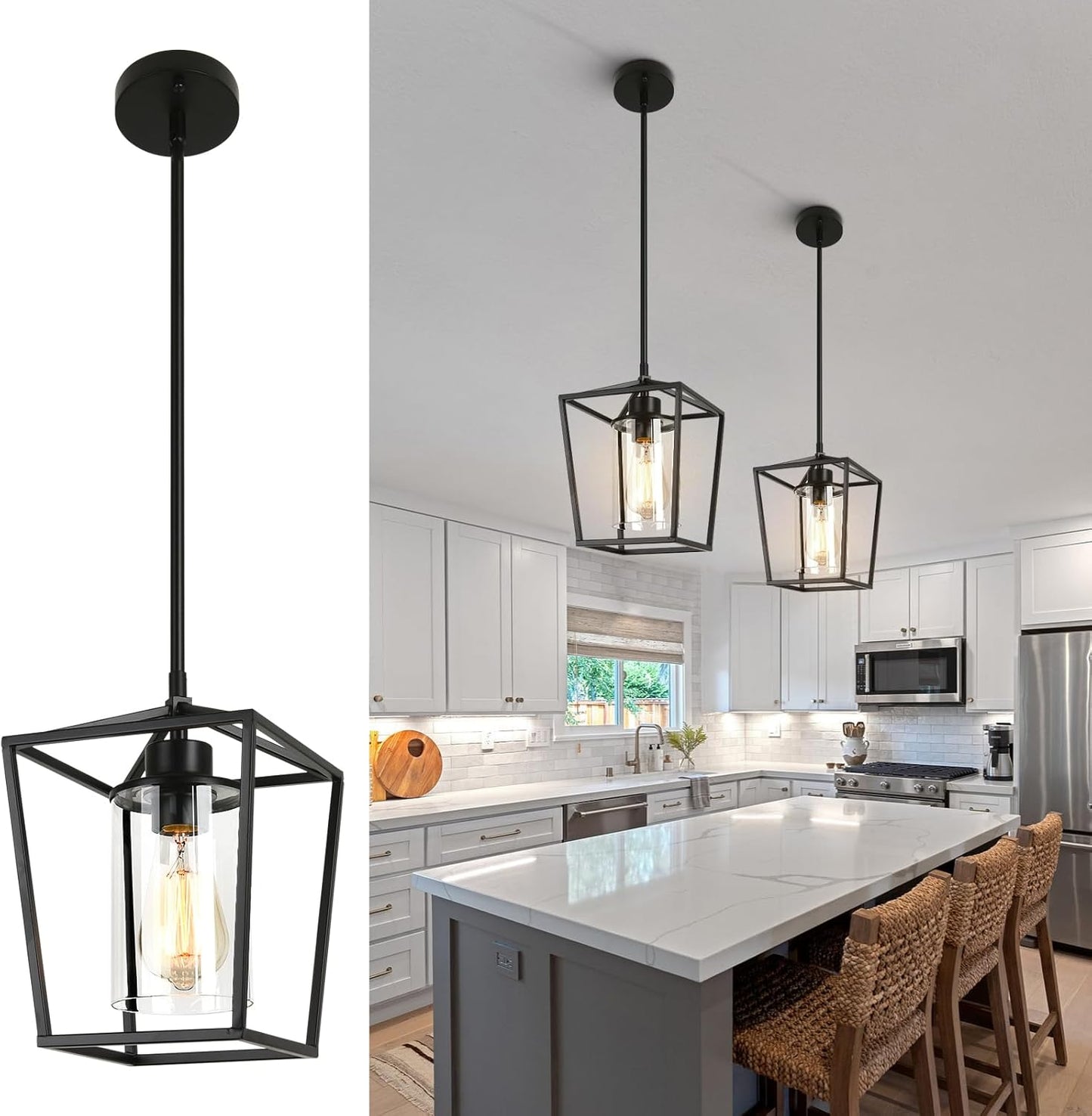 2 Pack 1-Light Black Pendant Lights for Kitchen Island, Farmhouse Metal Pendant Light Iron Cage Hanging Light Fixtures with Clear Glass Shade for Dining Room, Entryway, Hallway, Foyer