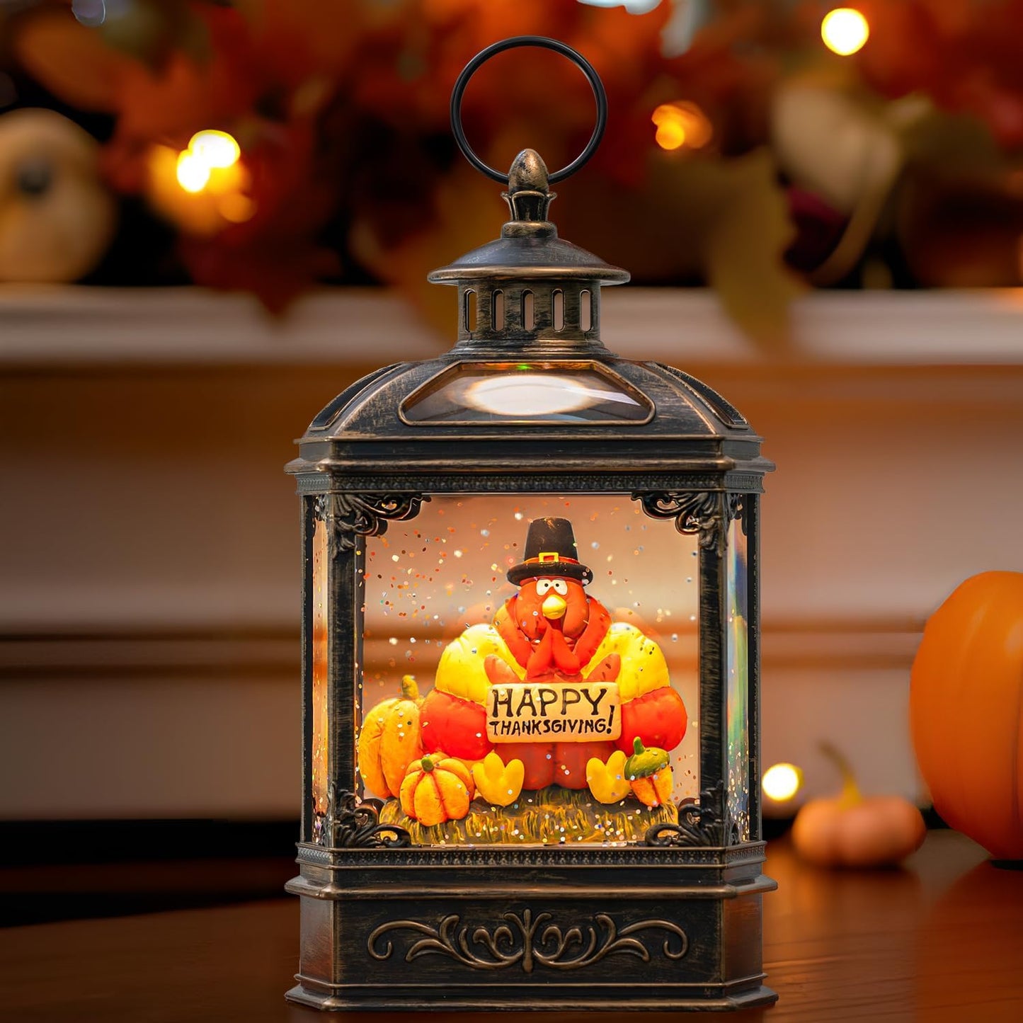 10.5'' Fall Snow Globe Lantern - Thanksgiving Glittering Lighted Water Lantern, Fall Decorations Autumn Harvest Day Gifts, Home Fall Halloween Decor (Turkey & Pumpkins)