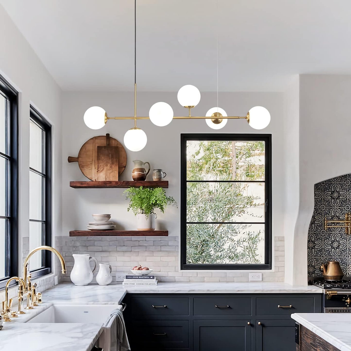 KCO Lighting Modern Globe Linear Chandelier 6 Light Milk Glass Chandeliers White and Gold Pendant Light Fixture Mid Century Rectangle Chandelier Brass Sputnik Island Lights for Kitchen