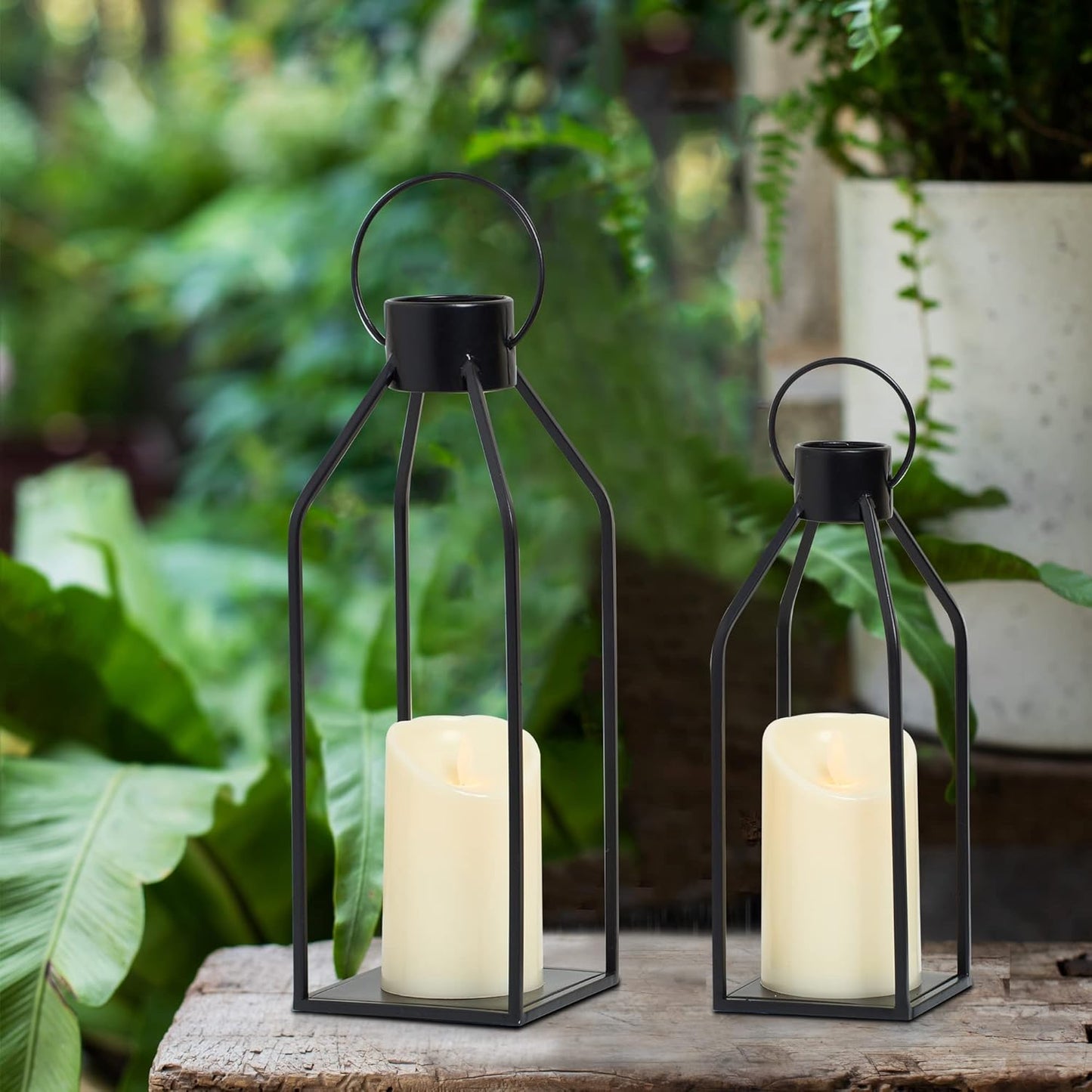 HPC Decor Modern Farmhouse Lanterrn Decor- Black Metal Candle for Summer Night- Lanterns w/Timer Flickering Candles for Living Room,Home,Indoor, Outdoor,Table,Fireplace Mantle Décor